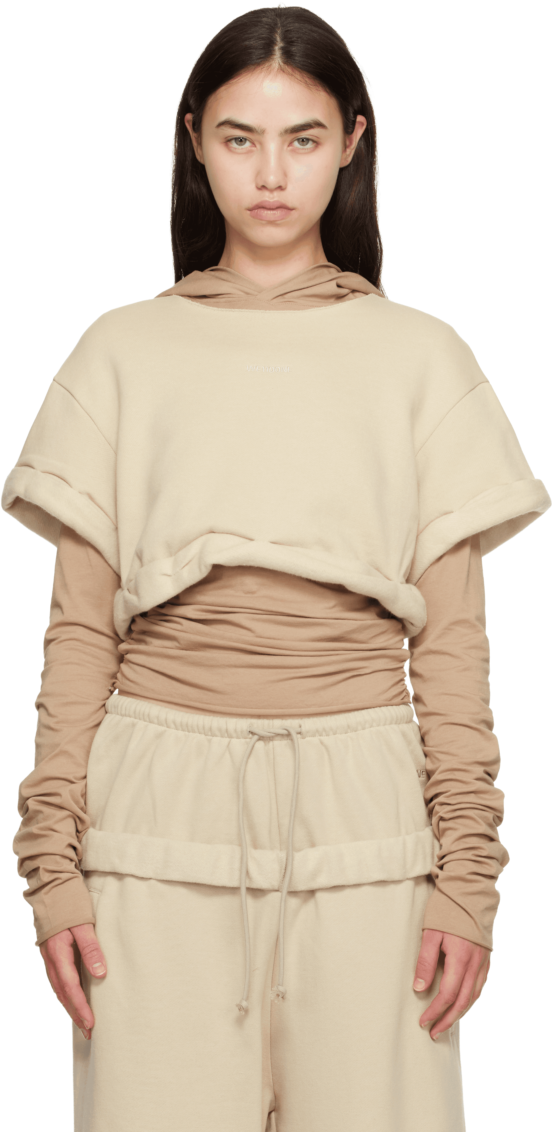 Beige Layered Roll-Up Hoodie - Image 1