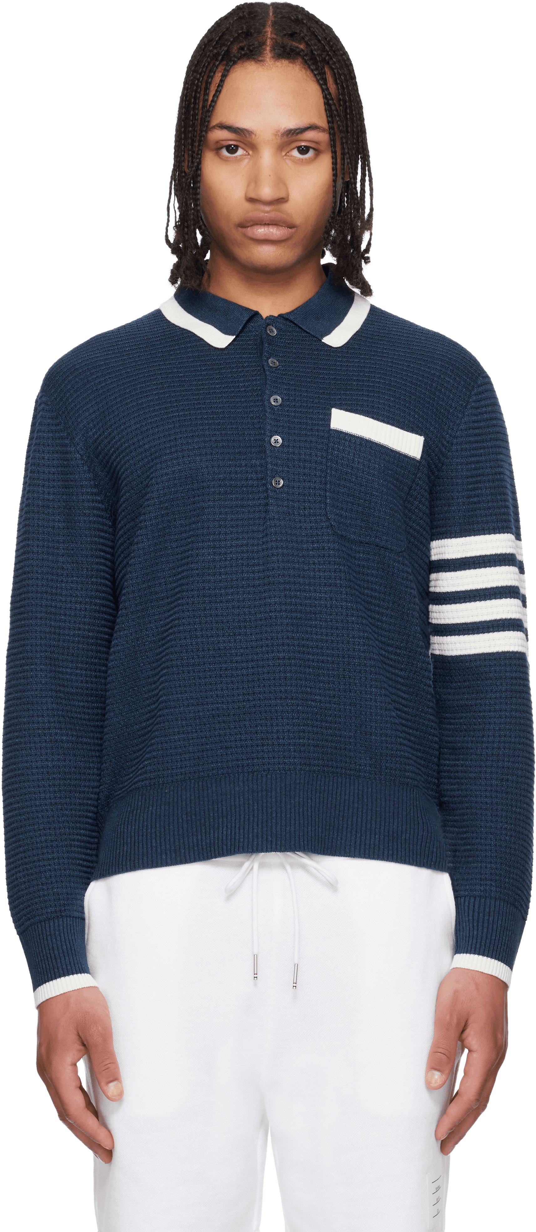 Navy Textured Stitch Relaxed Fit 4-Bar Polo - Image 1