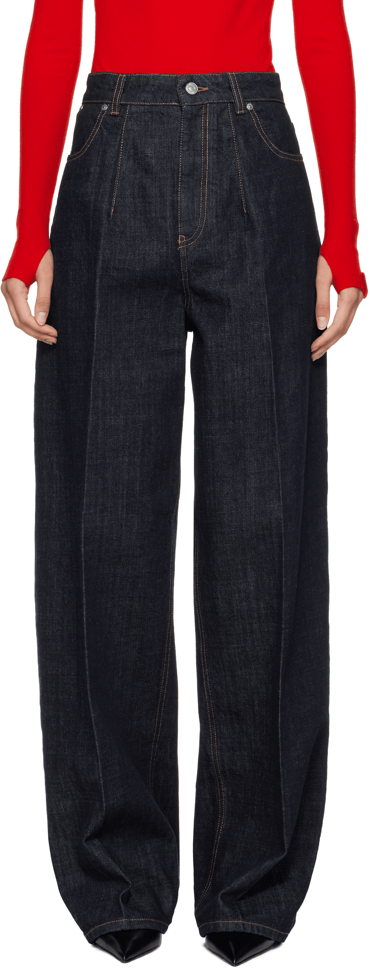 Navy High Waisted Cinched Jeans - Image 1
