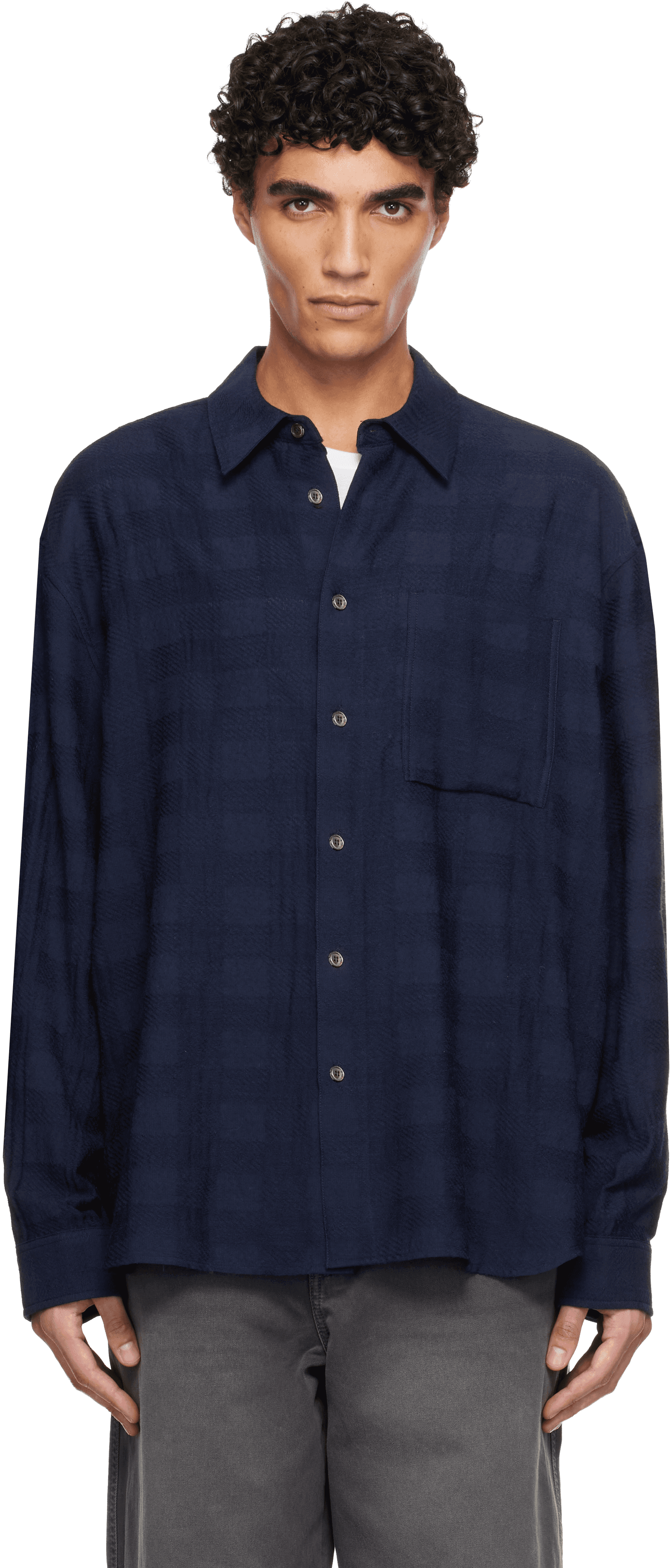 Navy Oversized Crinkle Check Shirt - Image 1