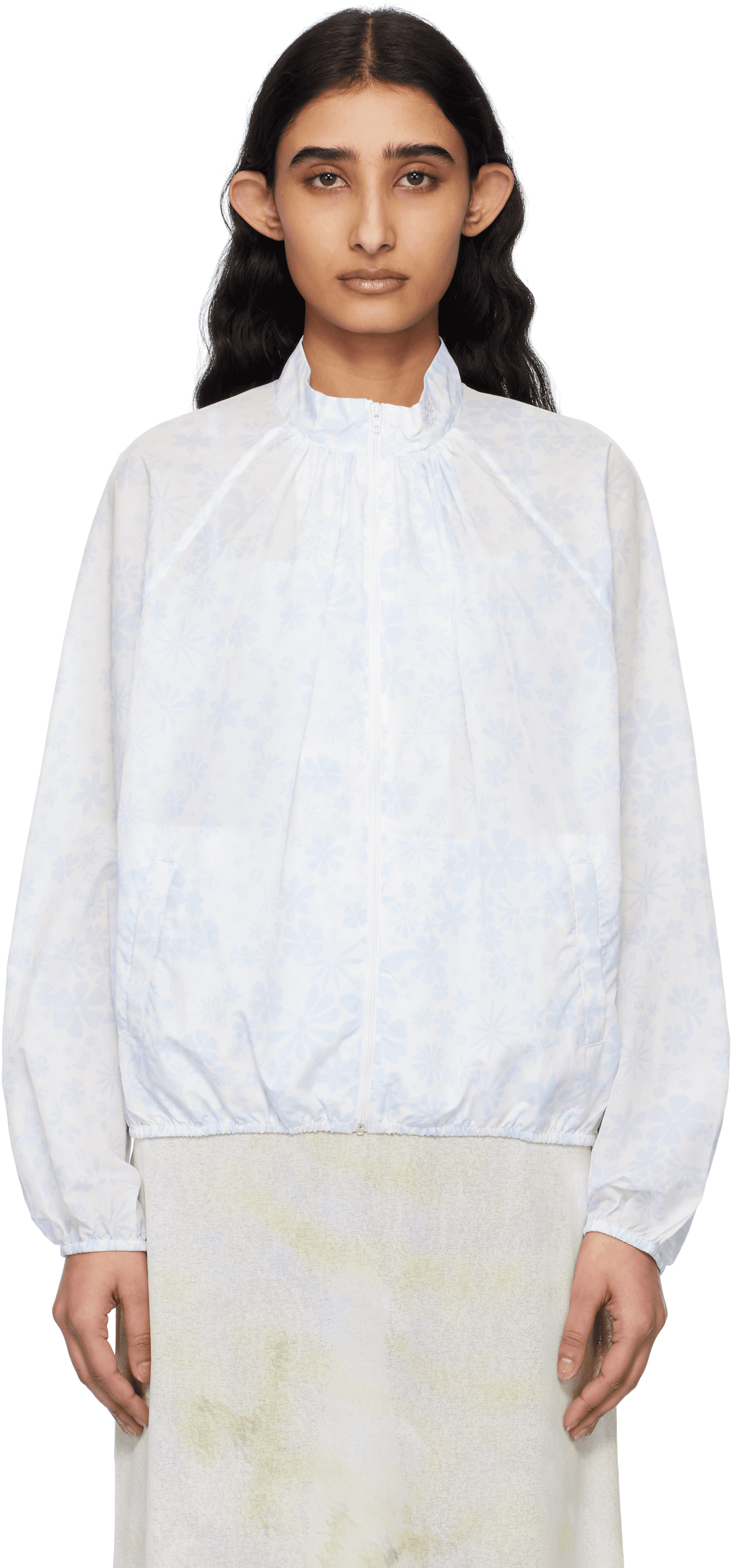 White & Blue Flower Sheer Windbreaker Jacket - Image 1