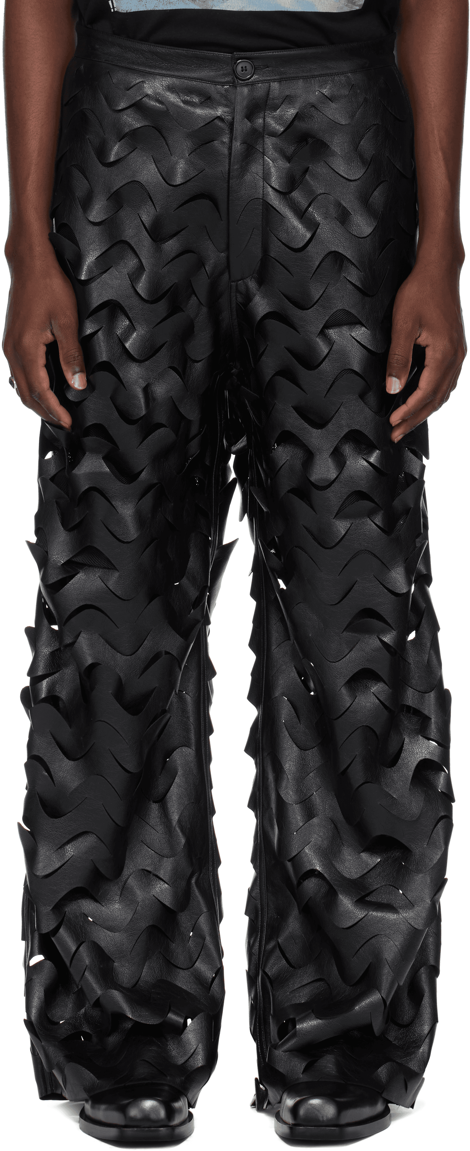 Black Laser Cut Wide-Leg Faux-Leather Pants - Image 1