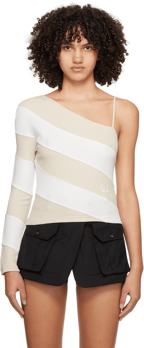 Beige & Off-White Oblique Long Sleeve T-Shirt - Image 1