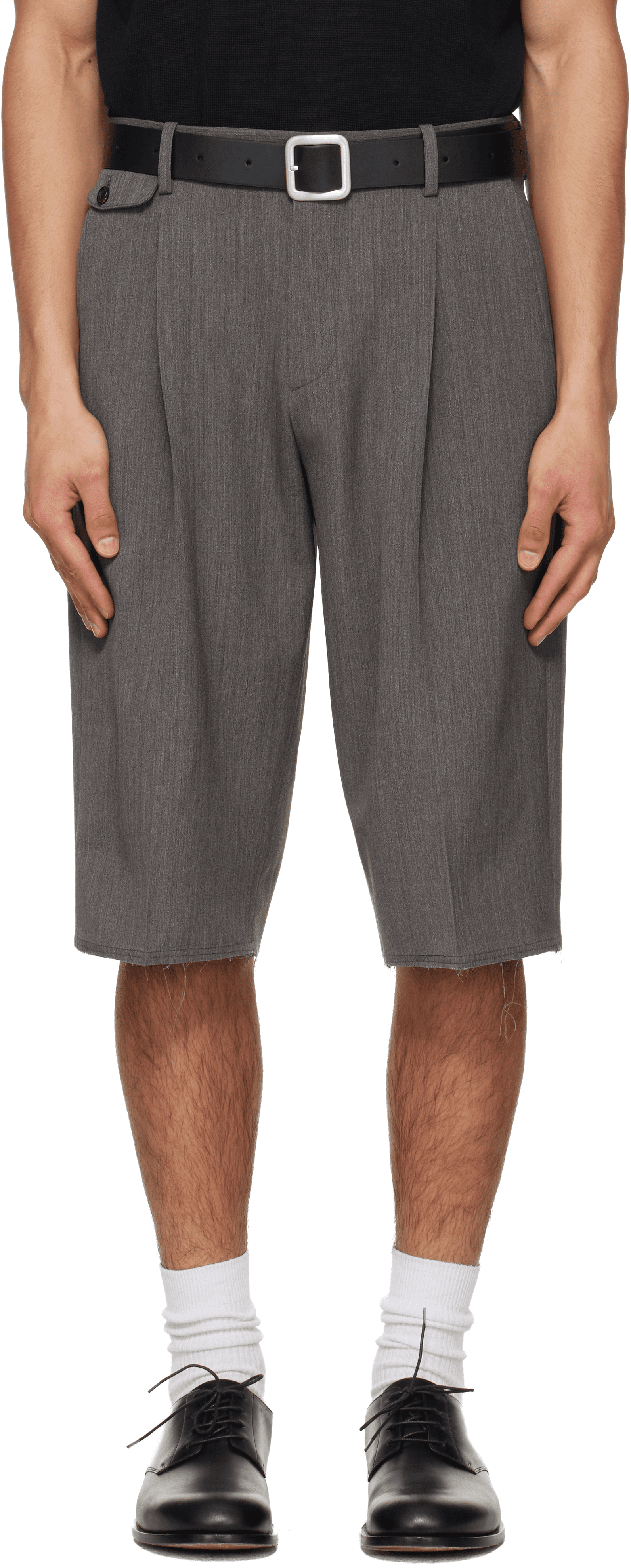 Gray Raw-Cut Wool Pleated Tailored Shorts - Image 1