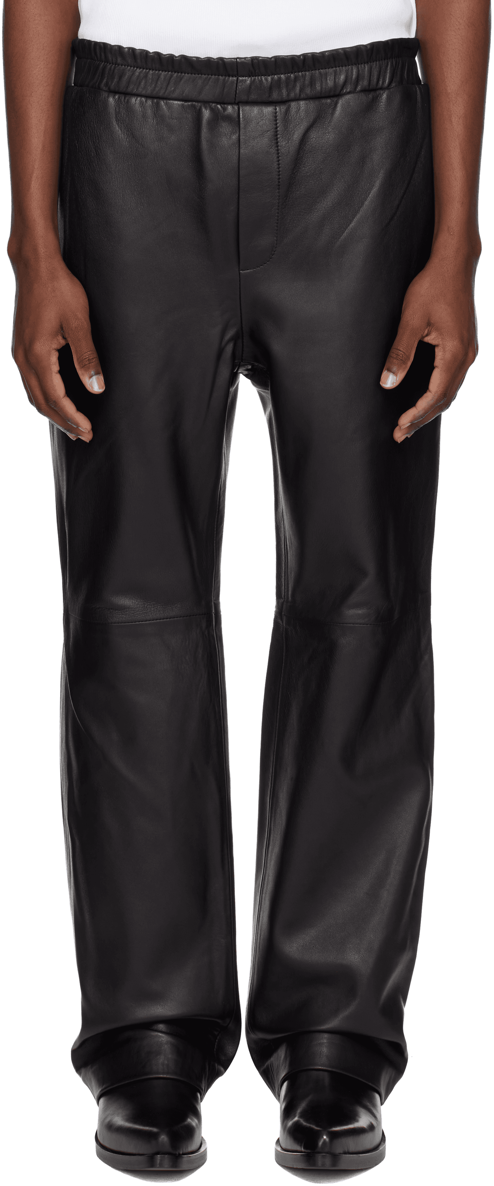Black Elastic Waist Leather Pants - Image 1