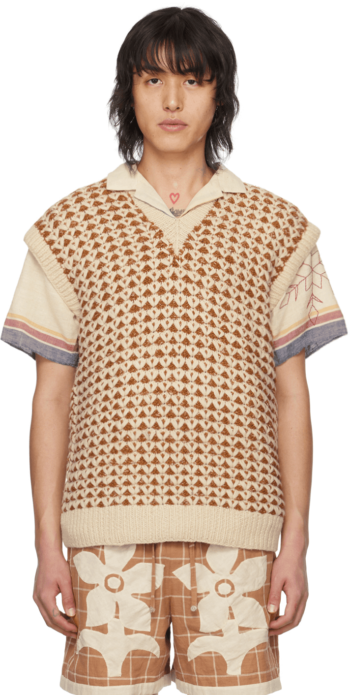 Orange & Off-White Jacquard Vest - Image 1