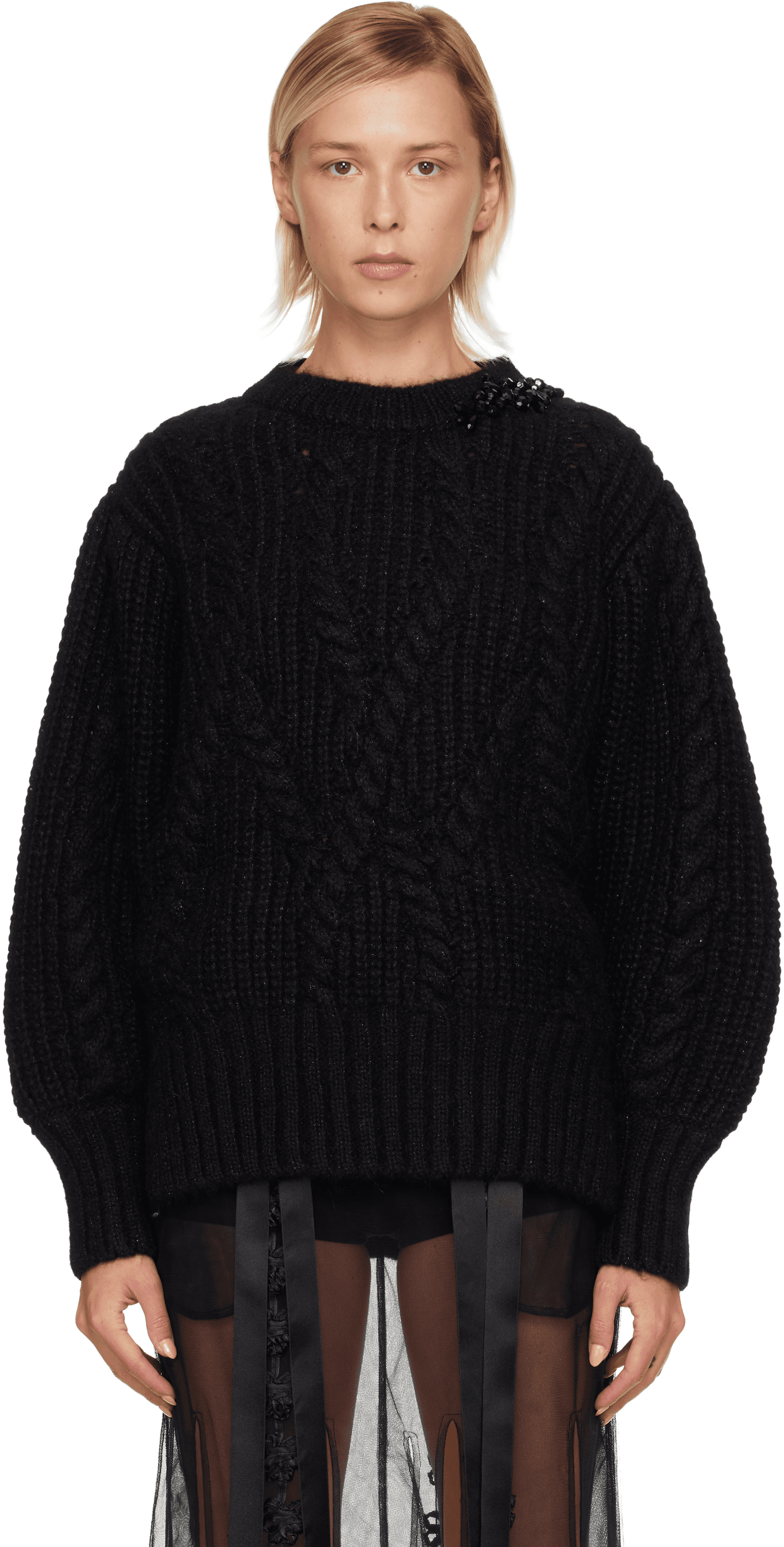 Black Embellished Puff Sleeve Chunky Knit Sweater - Image 1
