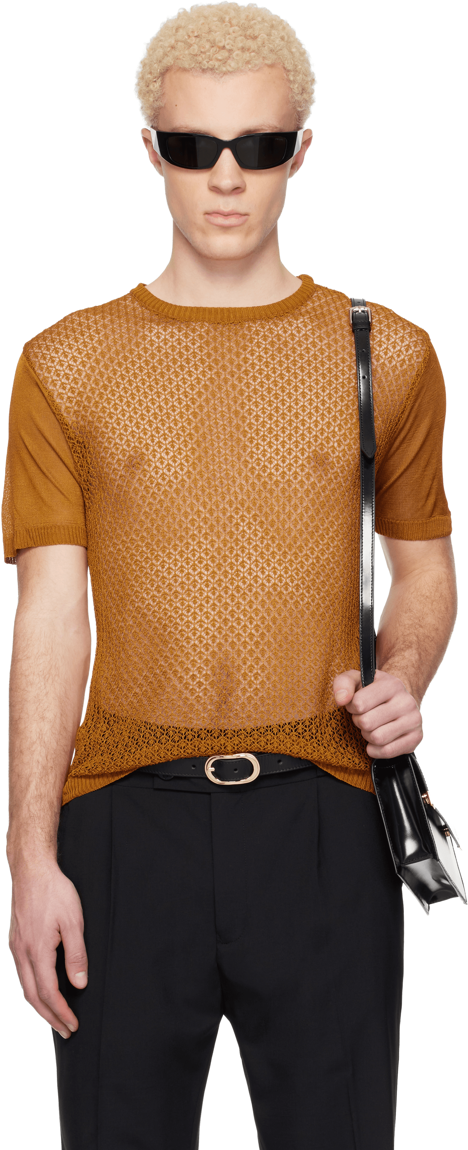 Tan Open Knit Viscose T-shirt - Image 1