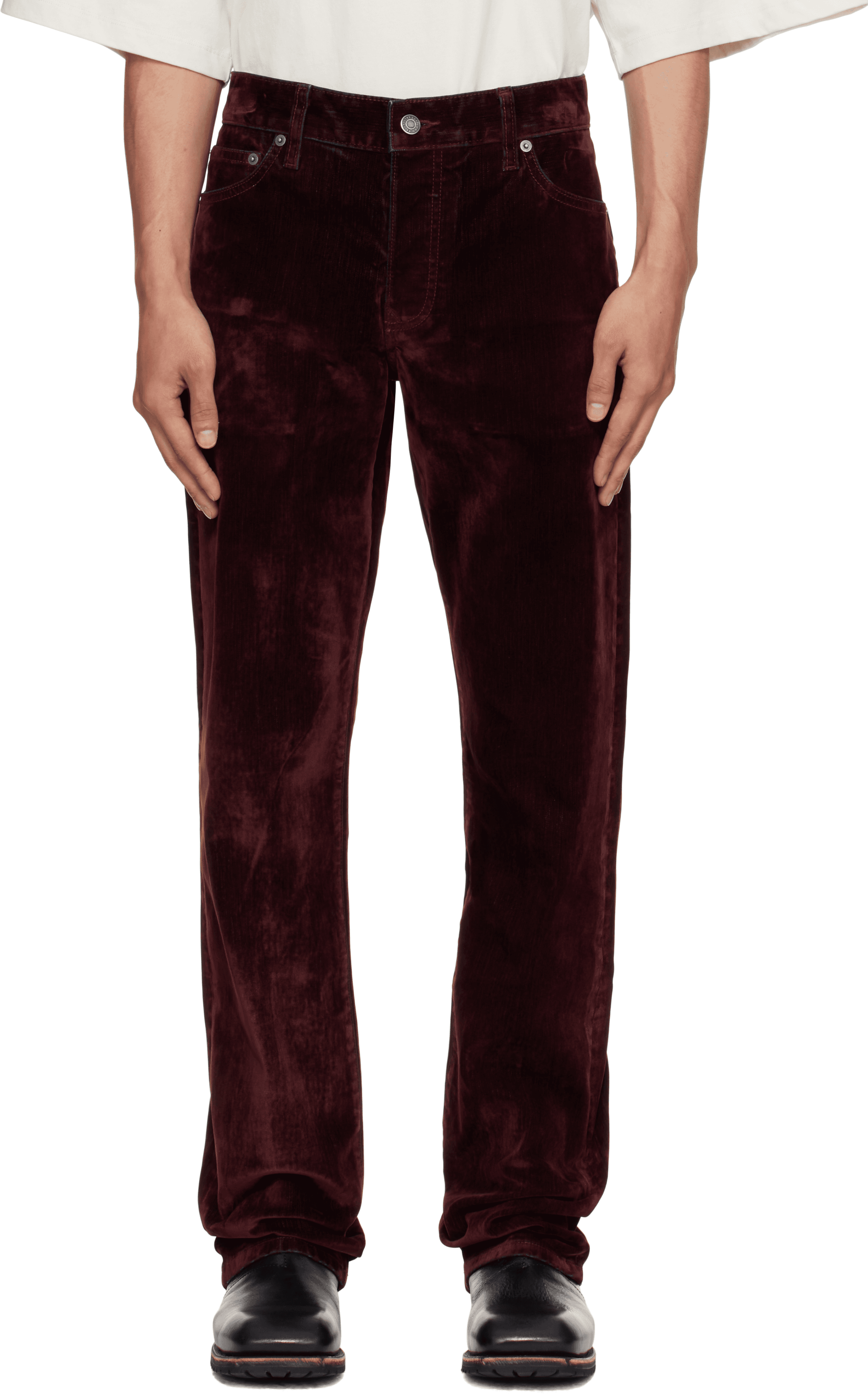 Burgundy Rafa Stretch Suede Denim Straight Leg Jeans - Image 1