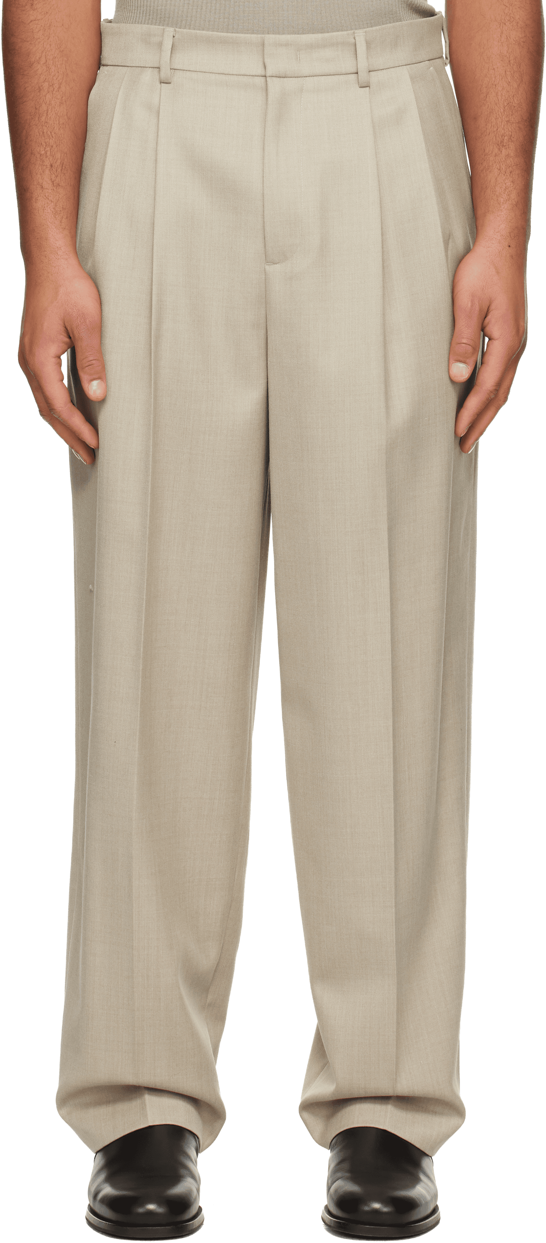 Beige Two Tuck Wool Trousers - Image 1