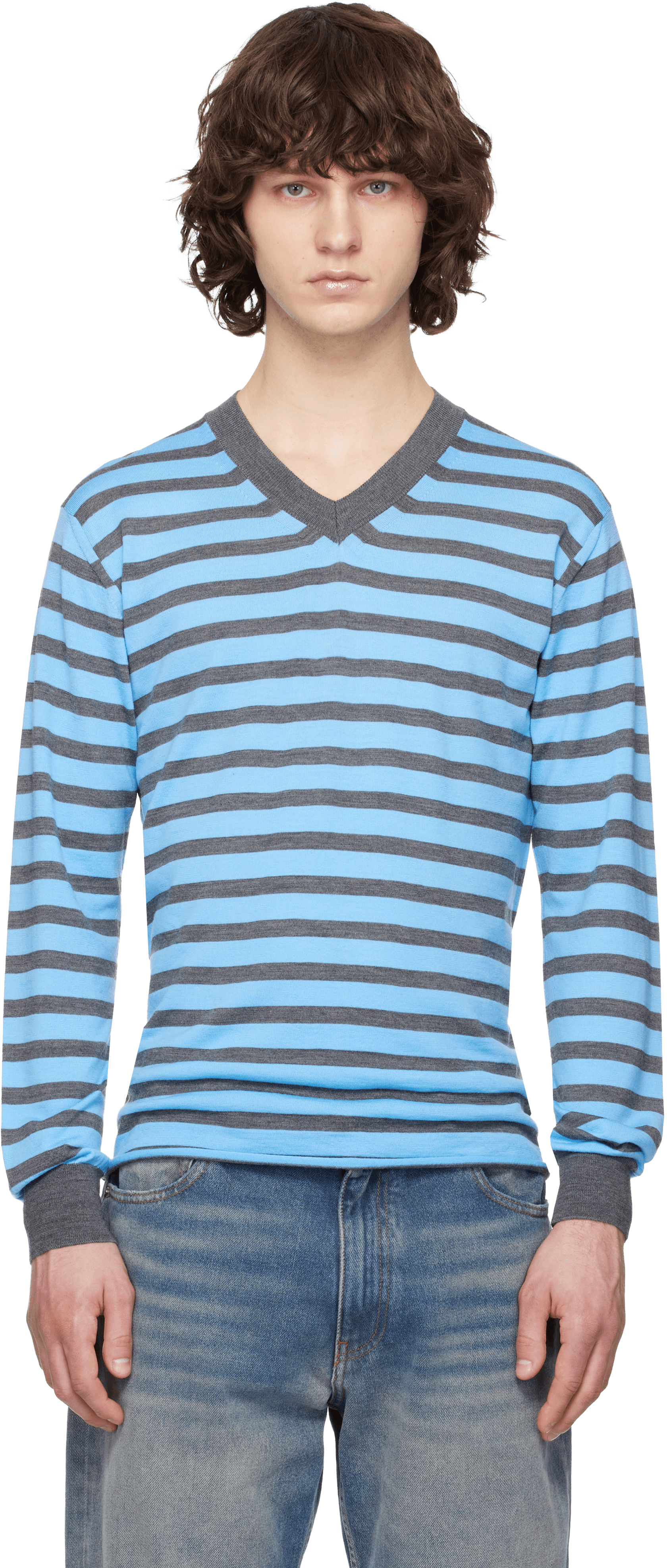 Blue & Gray Worsted Wool Jersey Stripe Sweater - Image 1