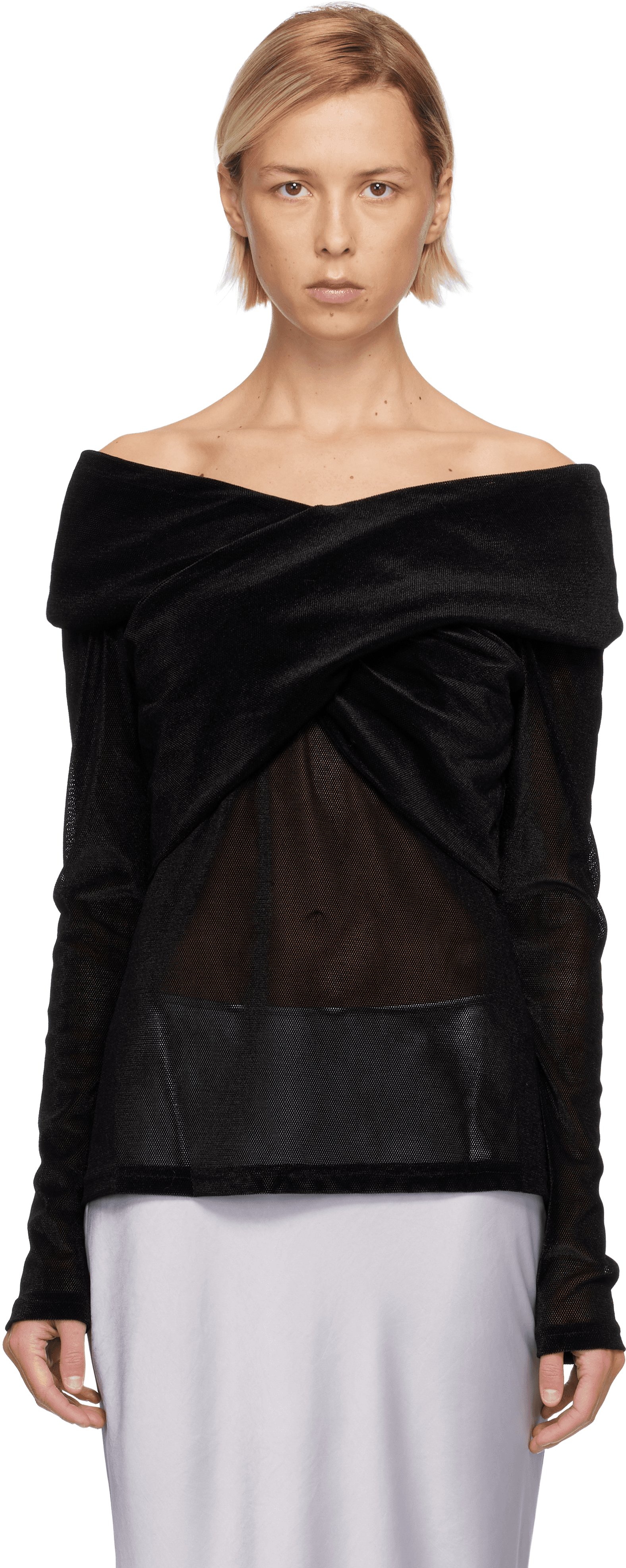 Black Velvet Mesh Off the Shoulder Top - Image 1