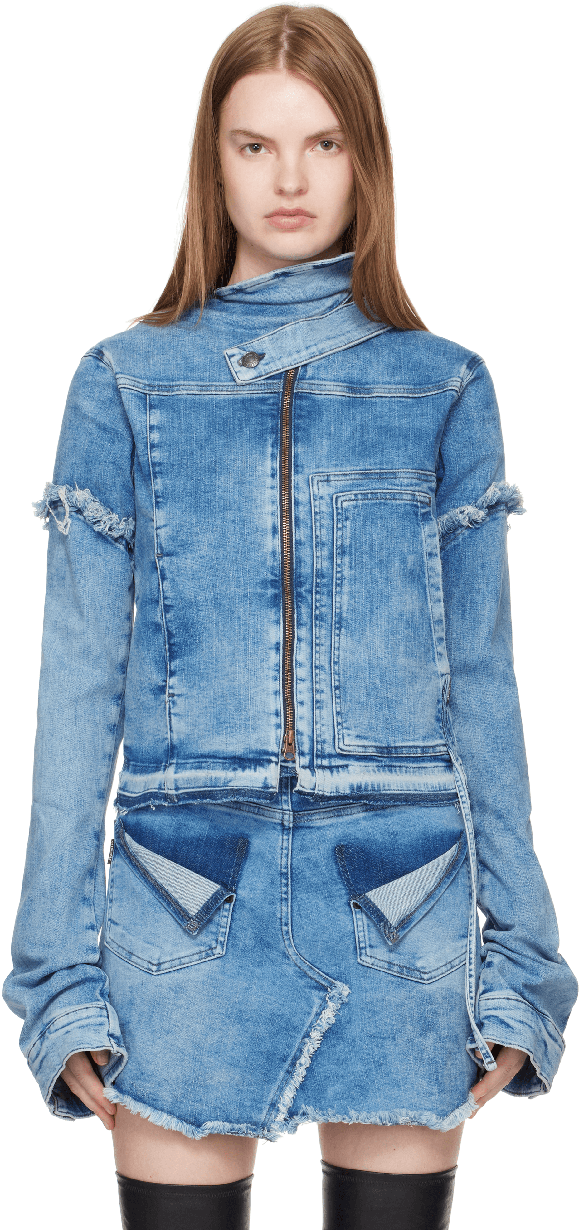 Blue Drape Collar Denim Jacket - Image 1