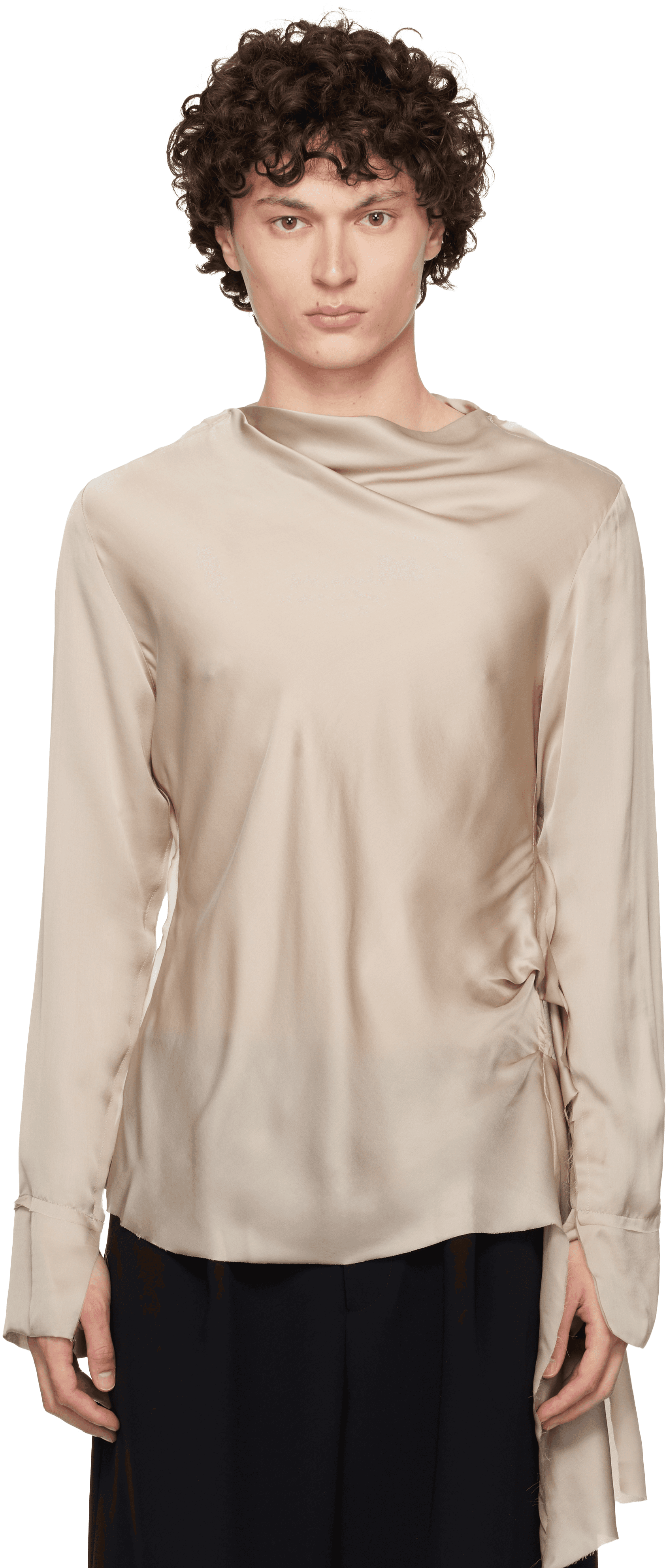 Taupe Draped Neck Long Sleeve Silk Blouse - Image 1