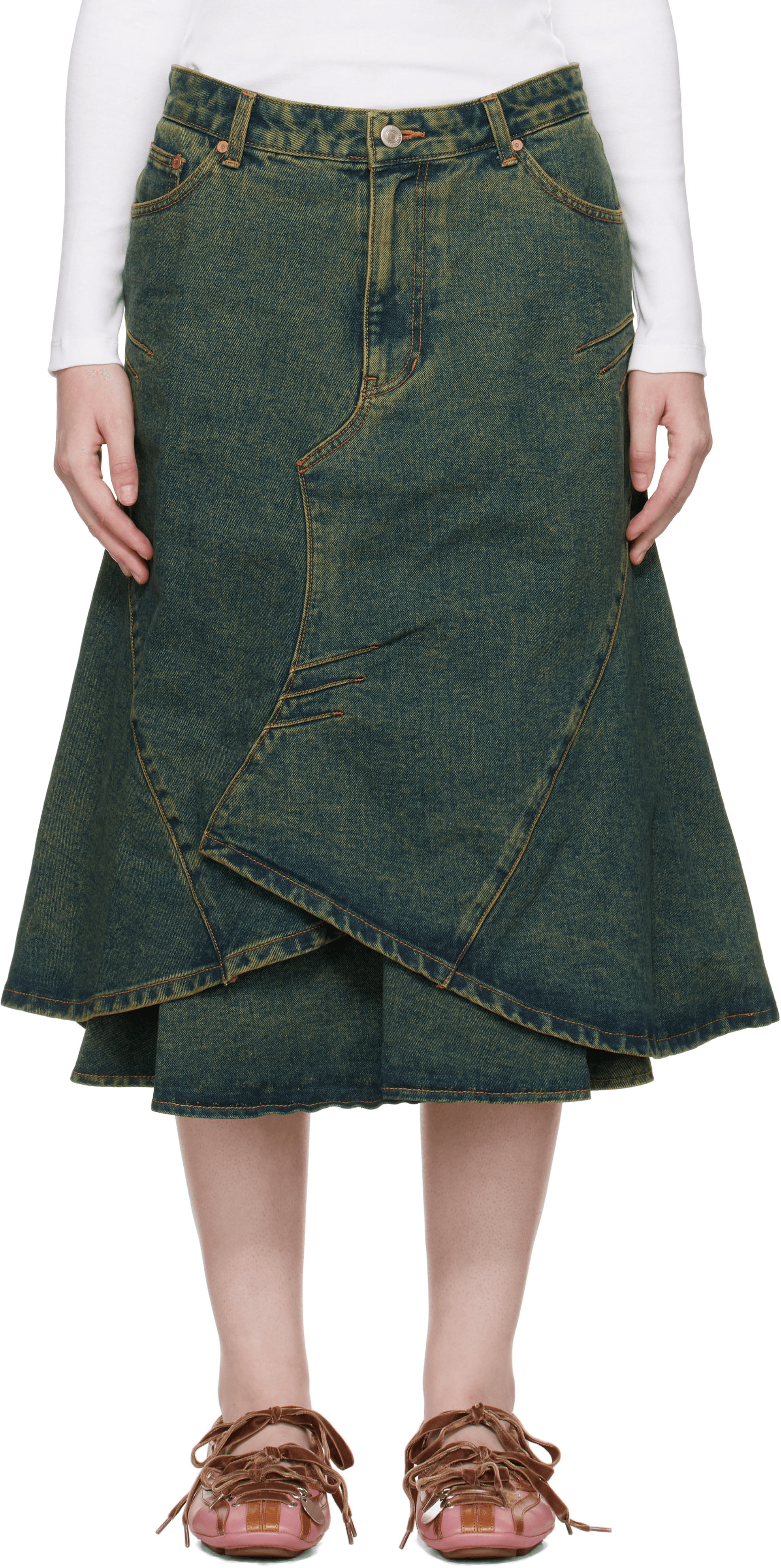 Blue Custom Flare Layered Denim Midi Skirt - Image 1