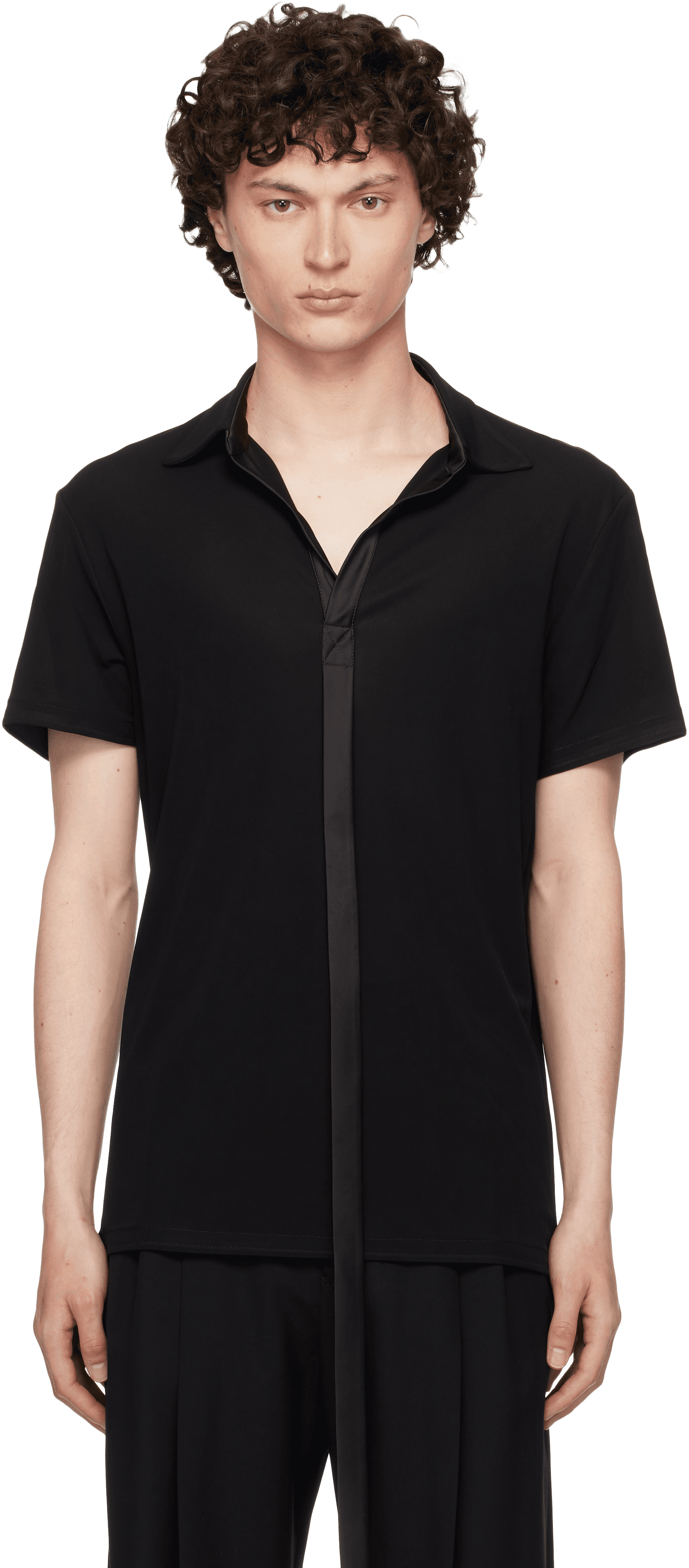 Black Satin Strip Viscose Polo - Image 1