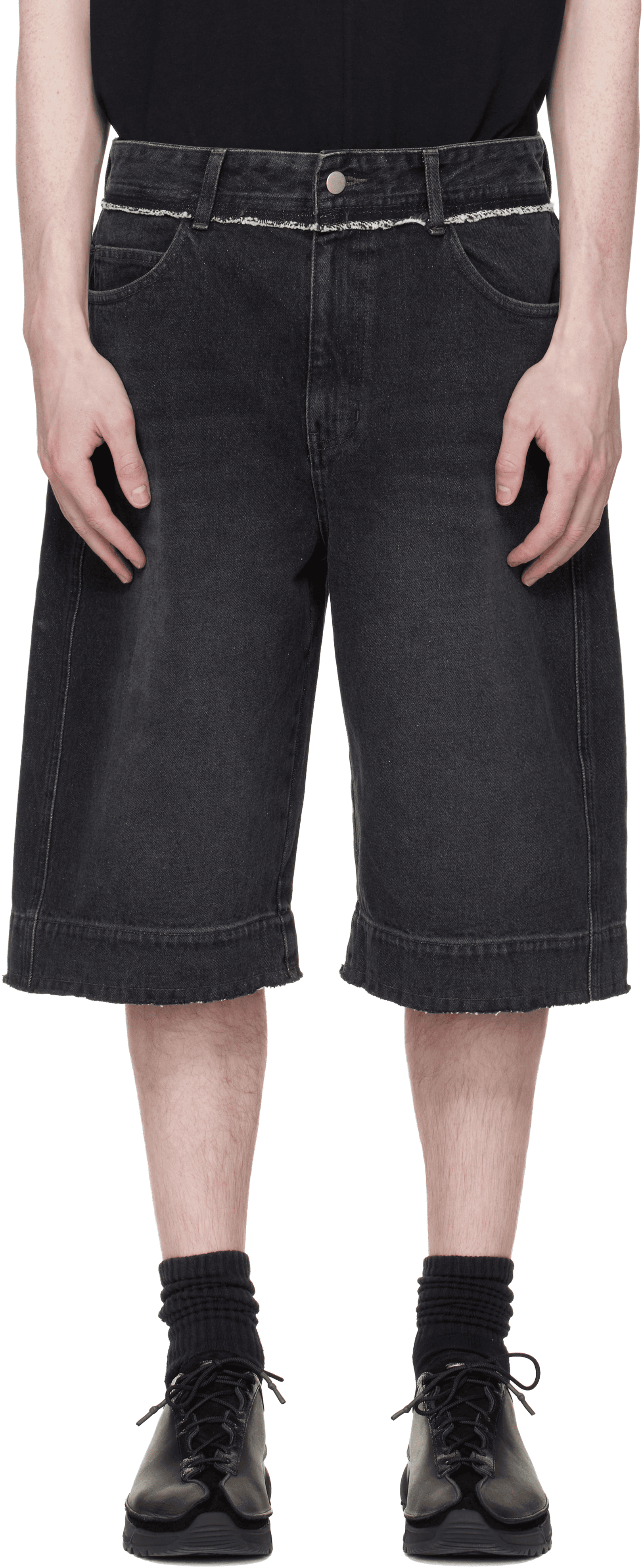 Black Raw Edge Denim Shorts - Image 1