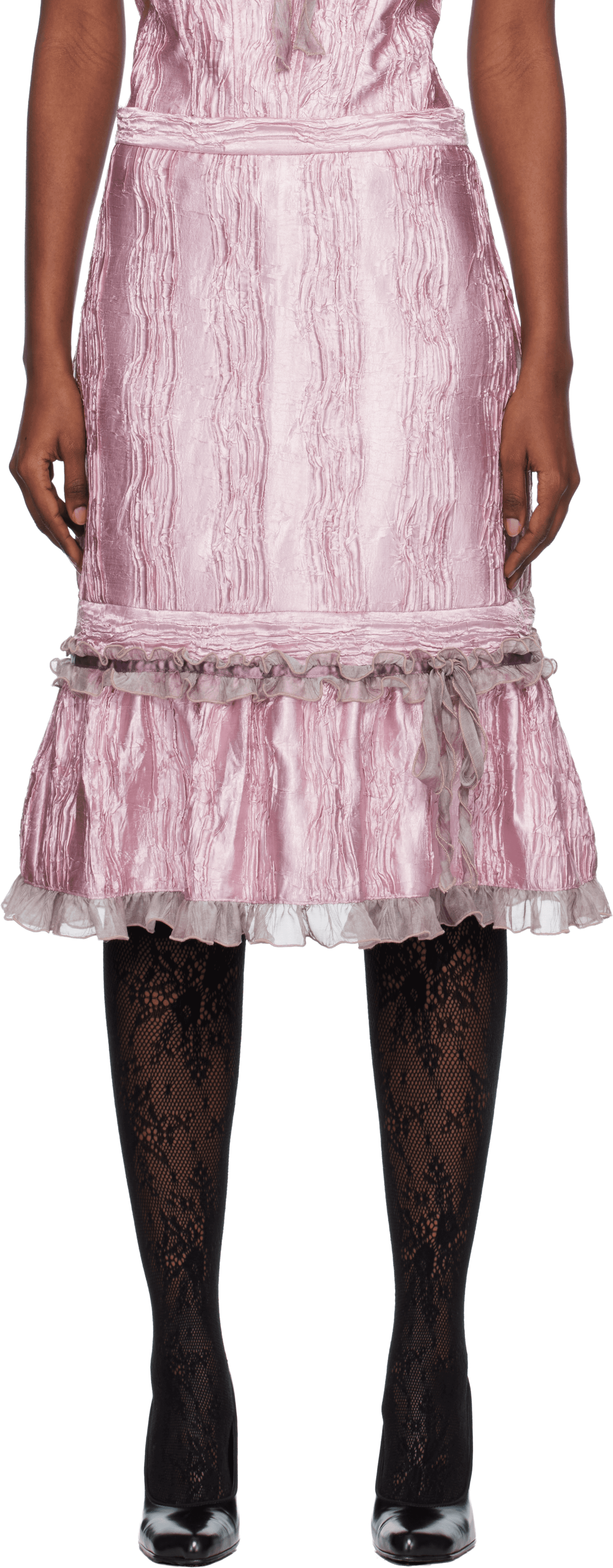 Pink Crushed Satin Ruffle Midi Skirt - Image 1