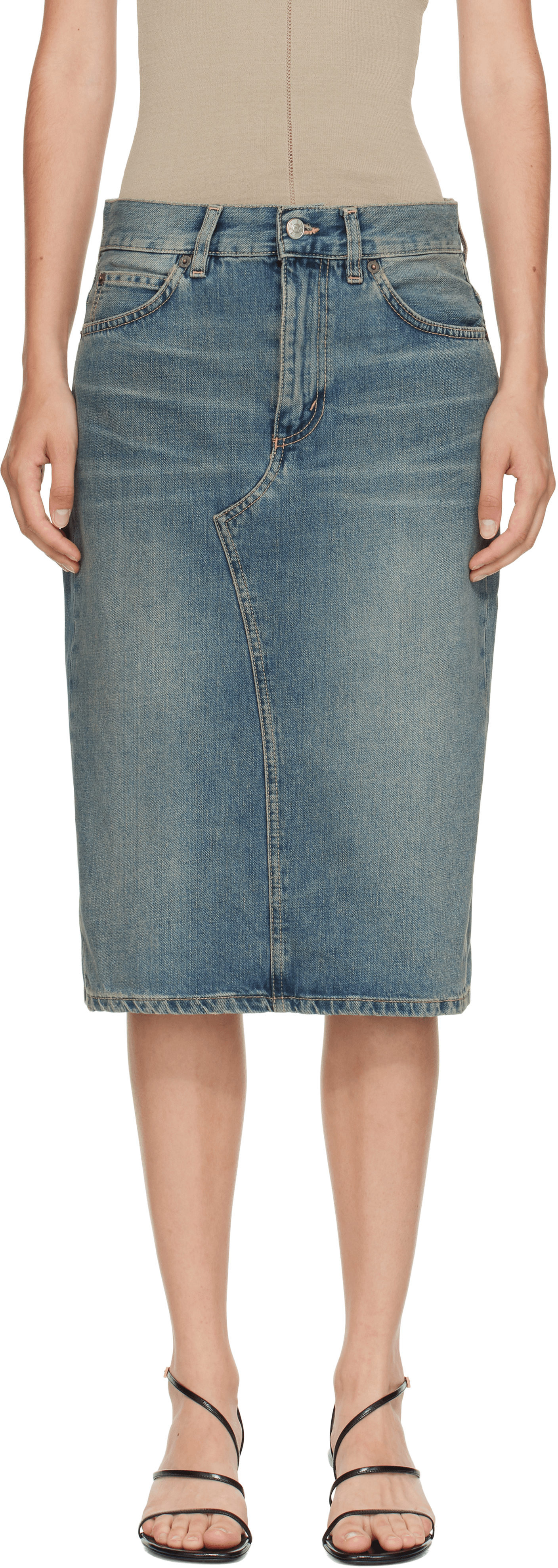 Blue Faded Denim Midi Skirt - Image 1