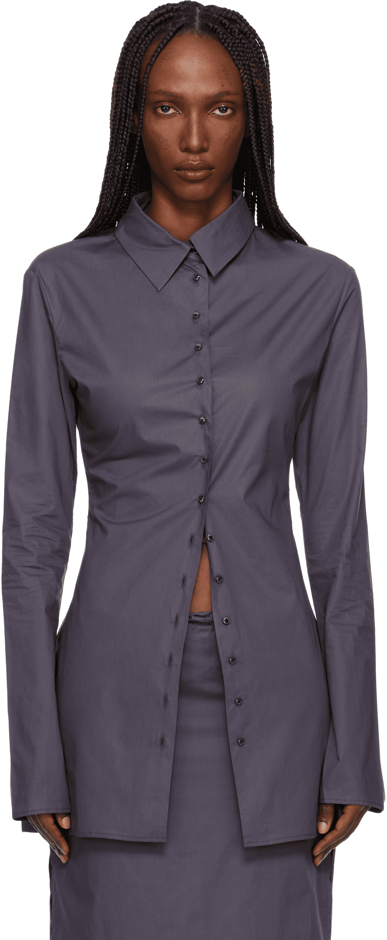 Gray Cotton Poplin Fitted Cuffless Shirt - Image 1