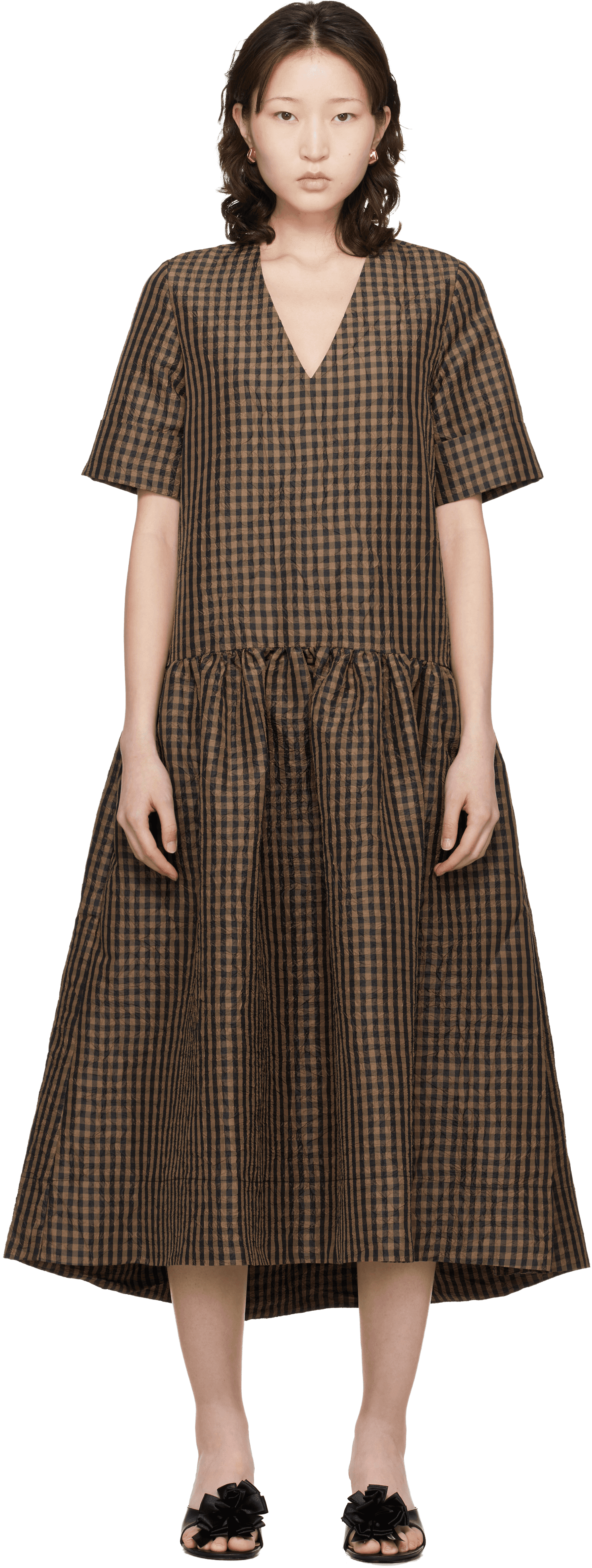 Brown Crinkled Check Maxi Dress - Image 1