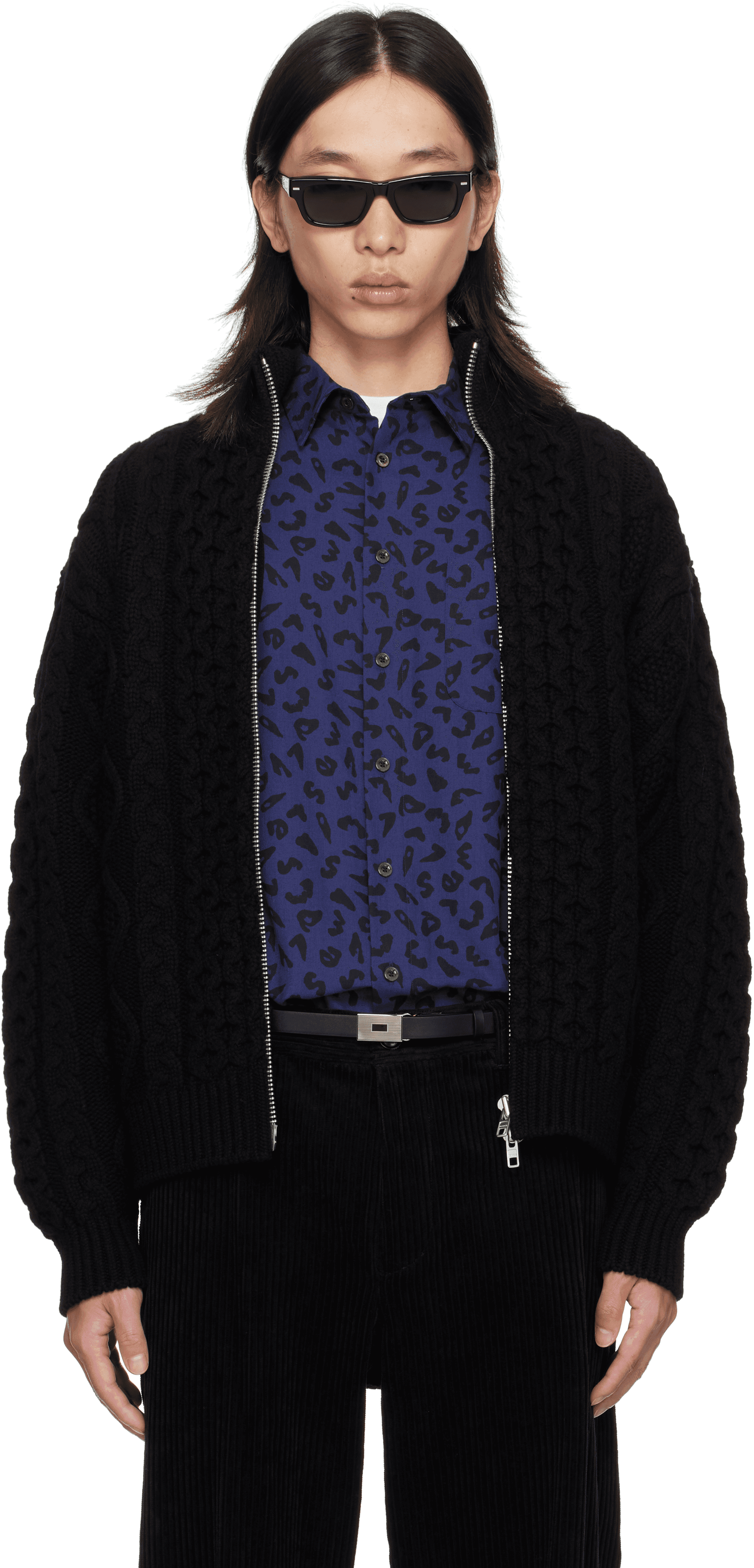 Black Cable Knit Zip Up Sweater - Image 1