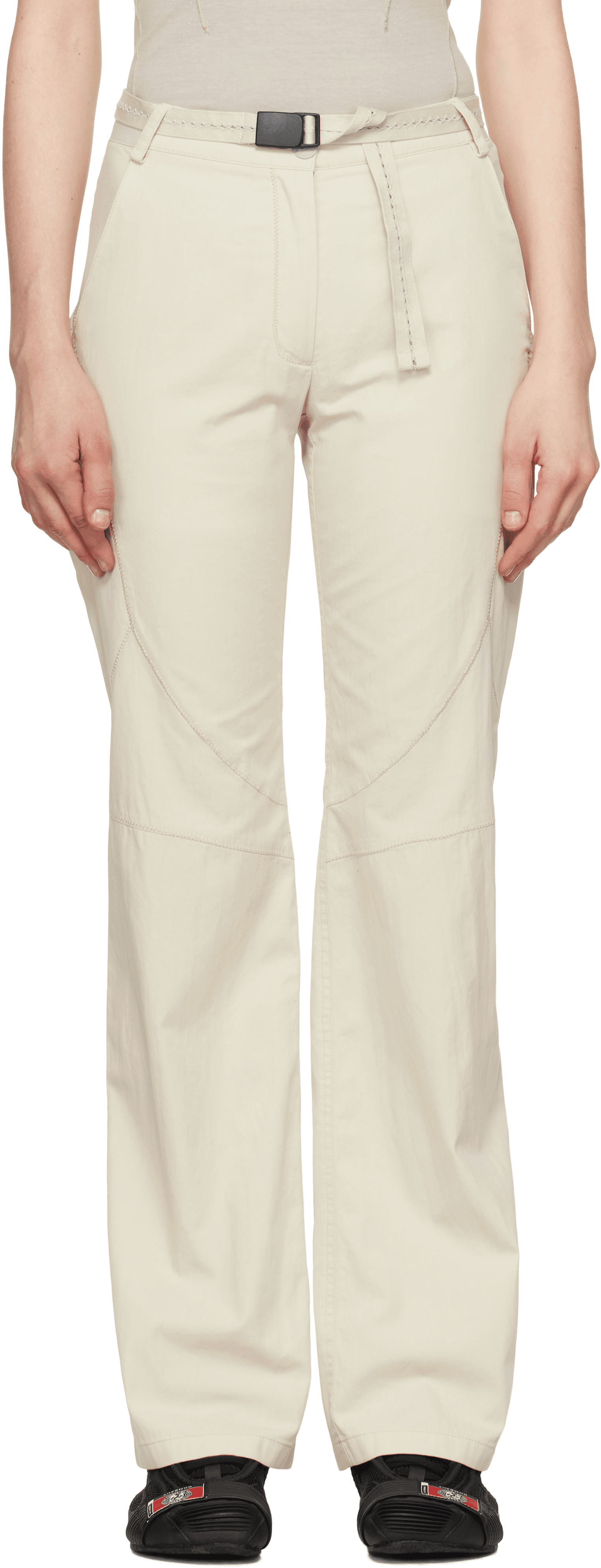 Beige Low-Rise Belted Trousers - Image 1