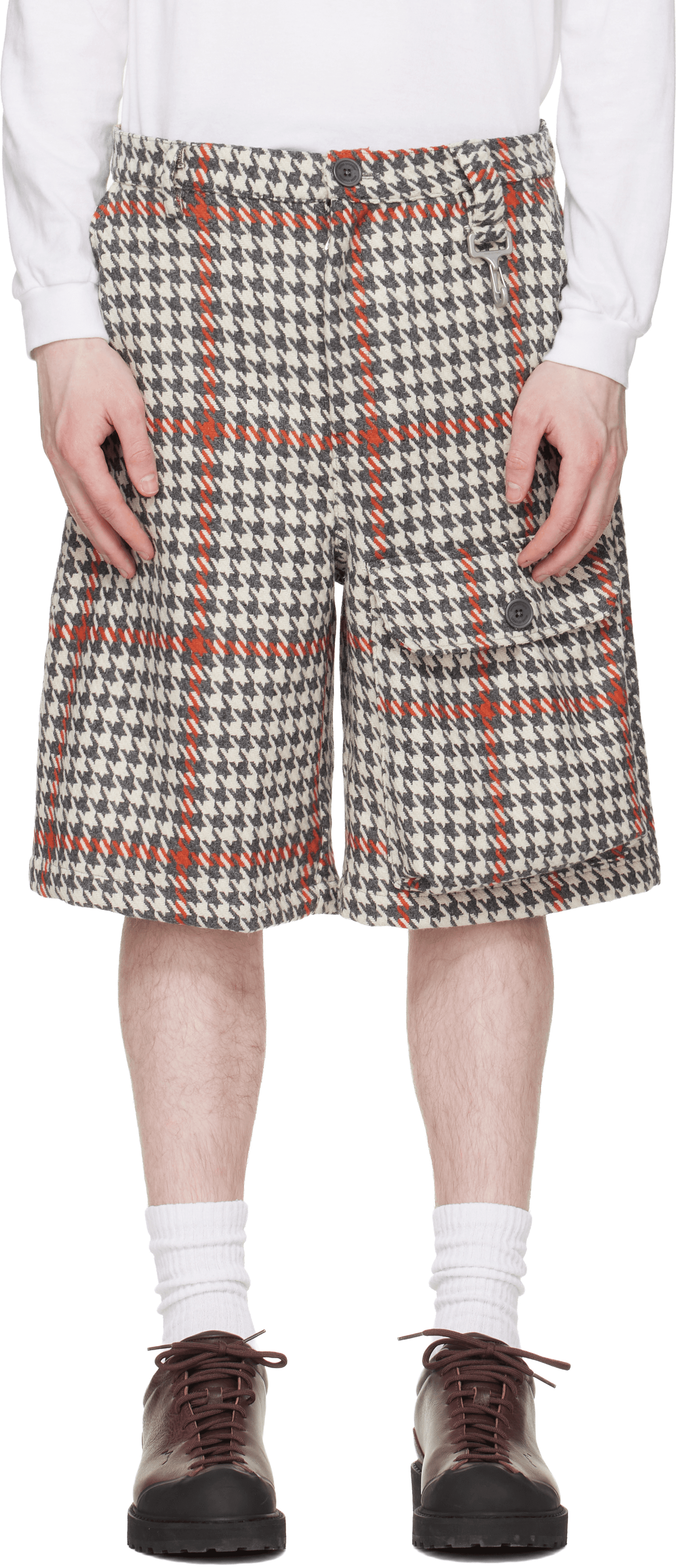White & Gray Wool Houndstooth Patch Pocket Shorts - Image 1
