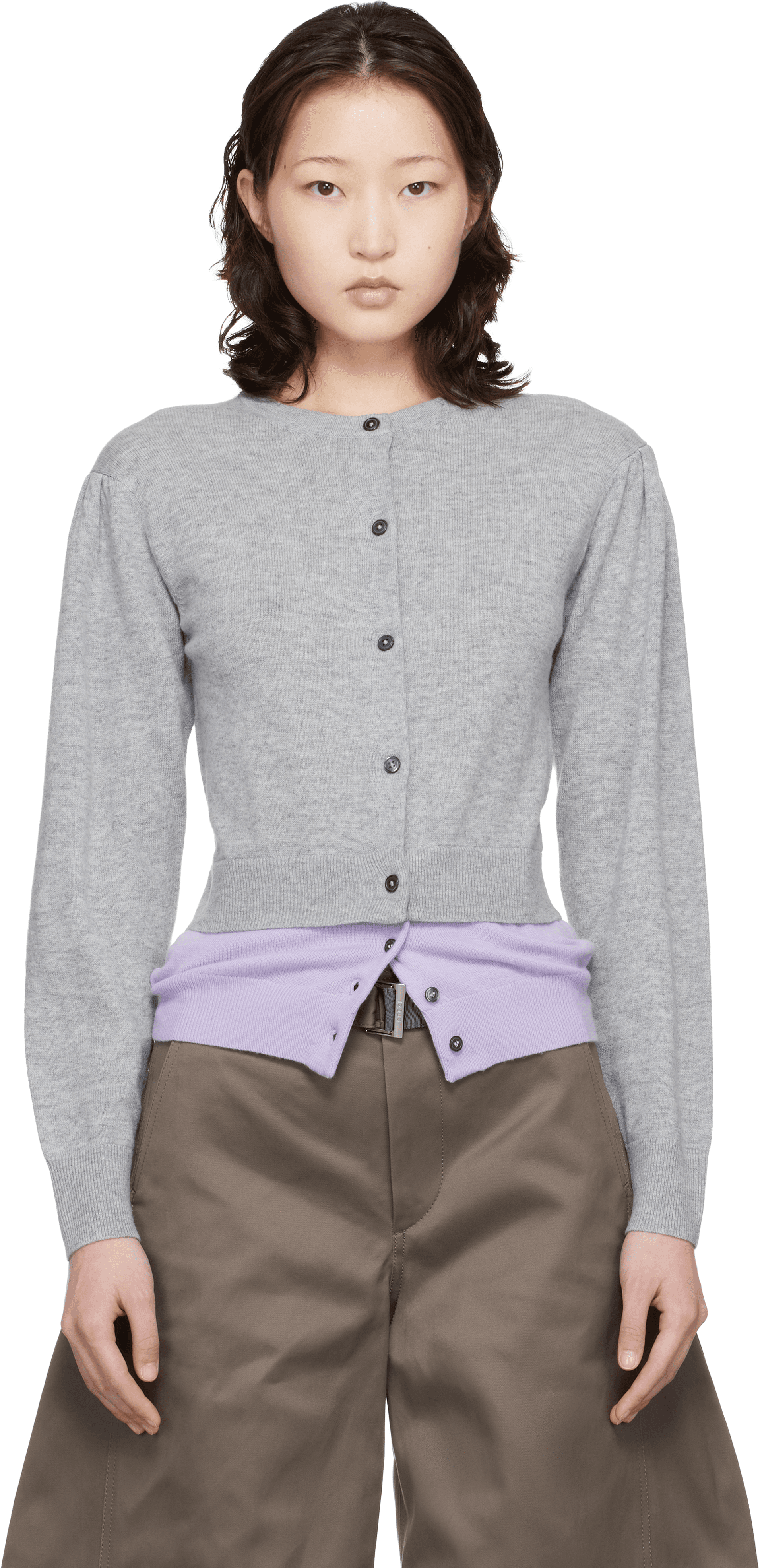 Gray & Purple Crew Neck Double Cardigan - Image 1