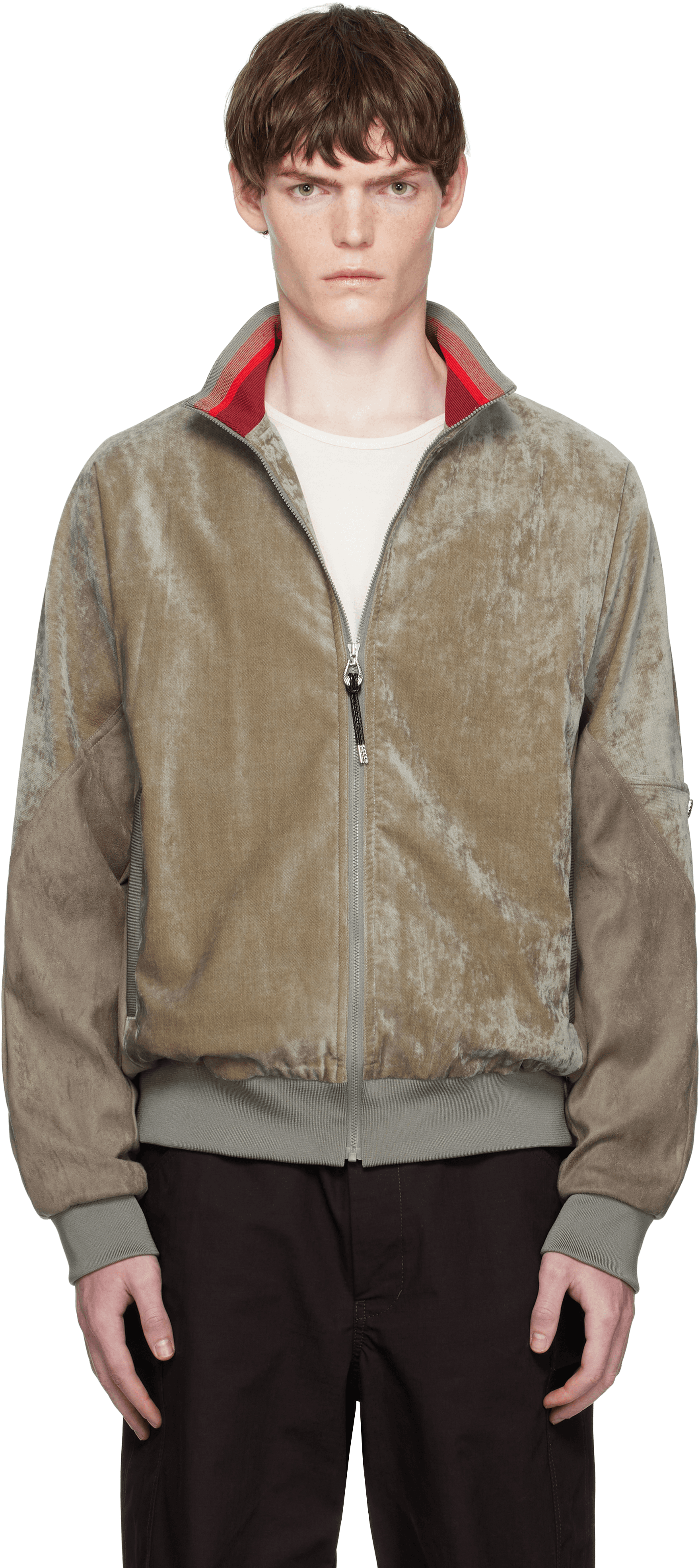 Khaki Velvet Track Jacket - Image 1