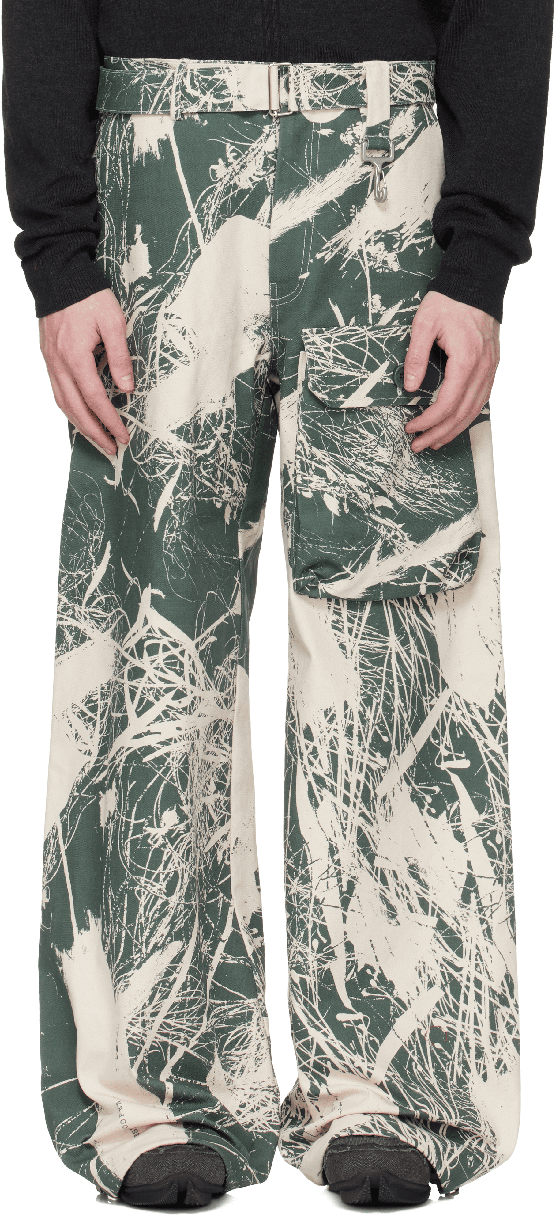 Khaki & Off-White Duck Canvas Patch Pocket Belted Cargo Pants - Image 1