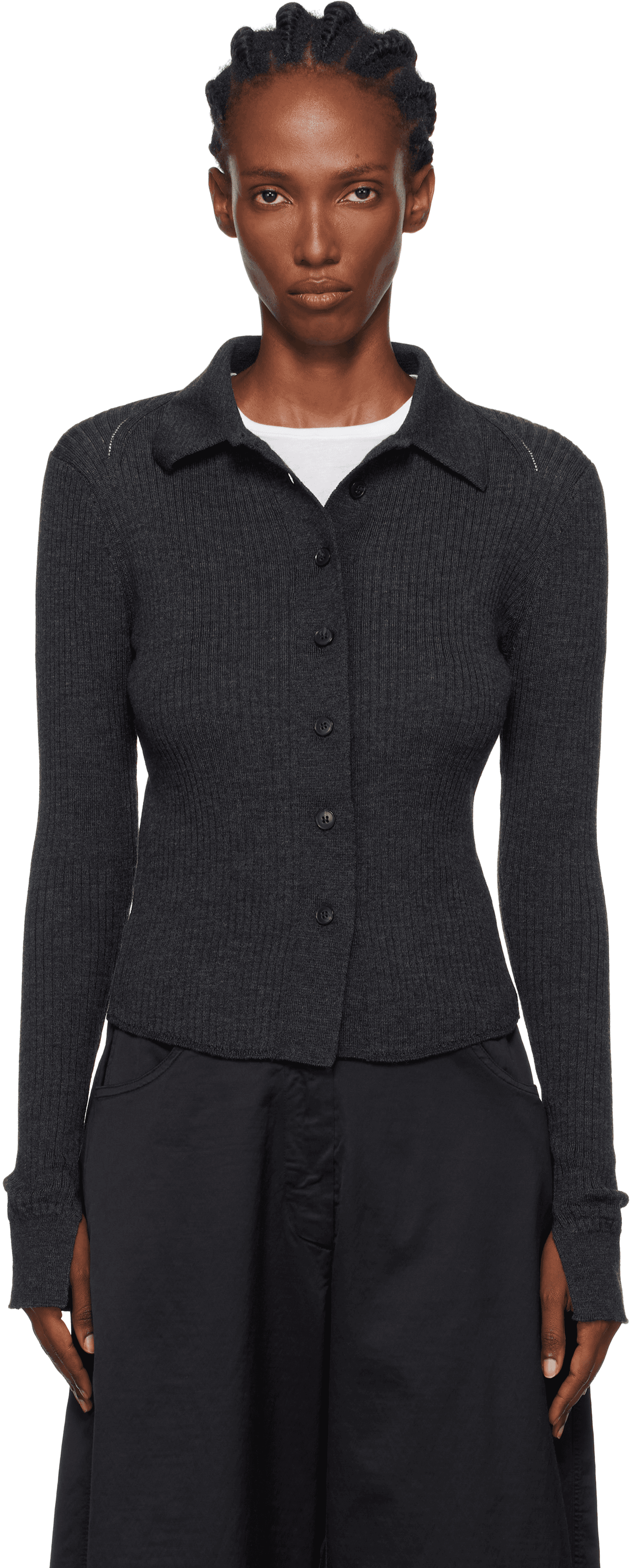 Gray Knitted Rib Cardigan - Image 1