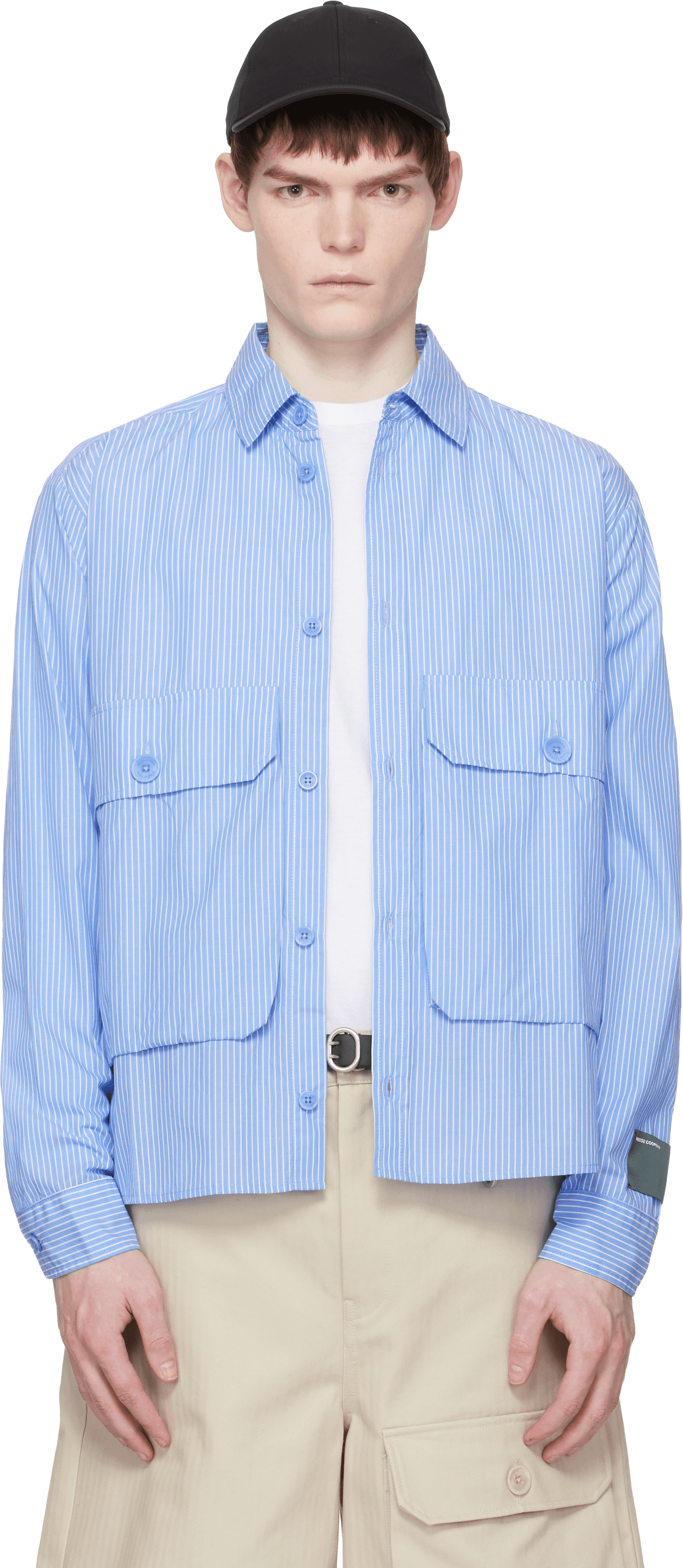 Blue Cotton Chambray Cargo Button Down Shirt - Image 1