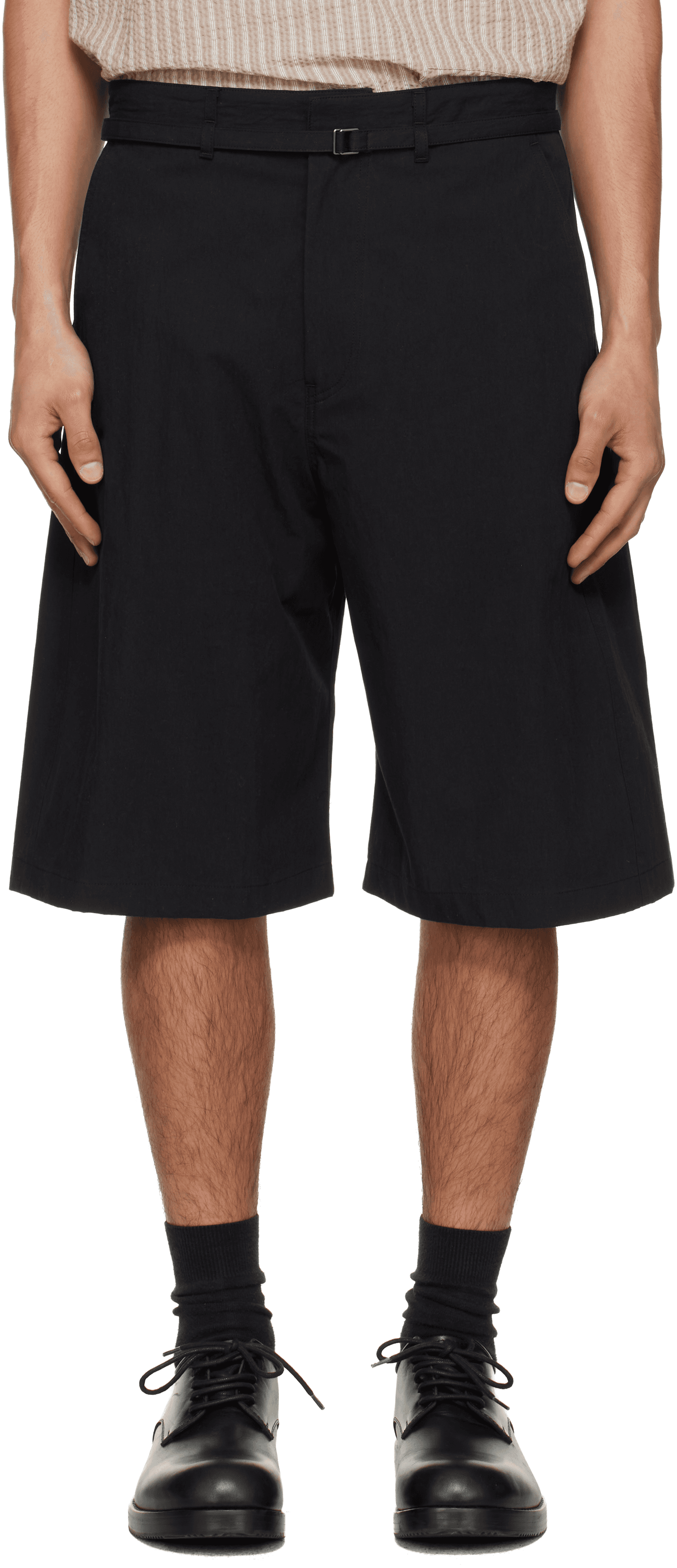 Black Belted Curved Shorts - Image 1