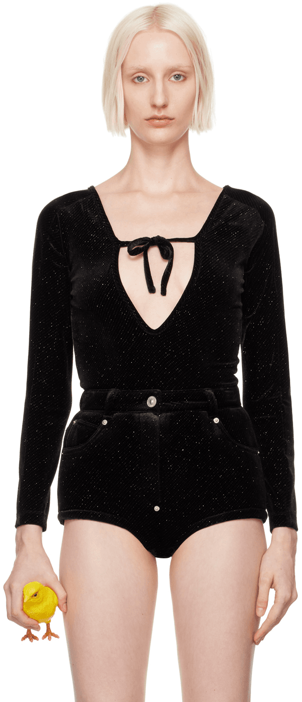Black Front Self Tie Bodysuit - Image 1