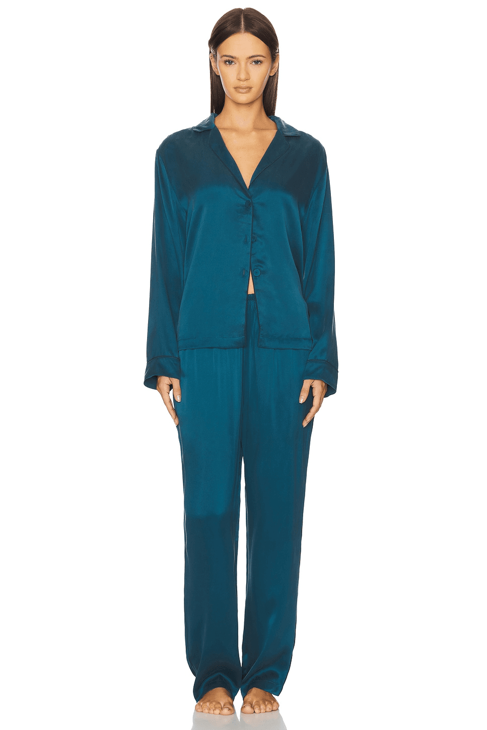 Washable Silk Piped Long Sleeve Pant Set - Image 1