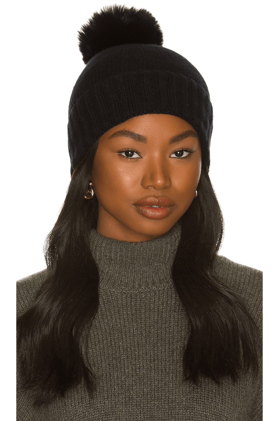 Cashmere Slouchy Cuff Beanie with Faux Fur Pom - Image 1