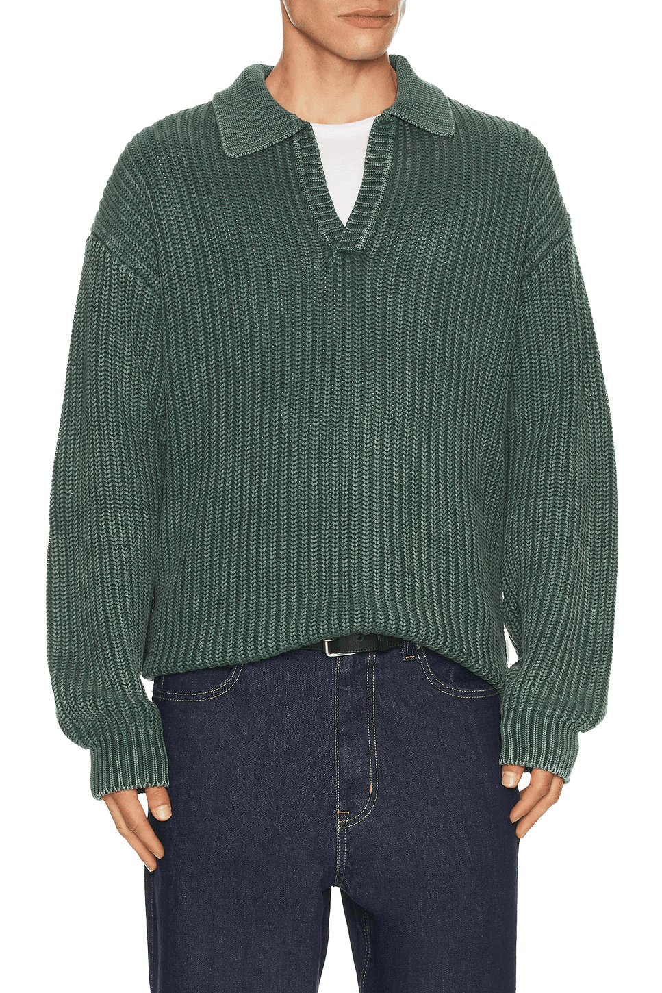 Open Collar Acid Wash Knit Sweater - Image 1