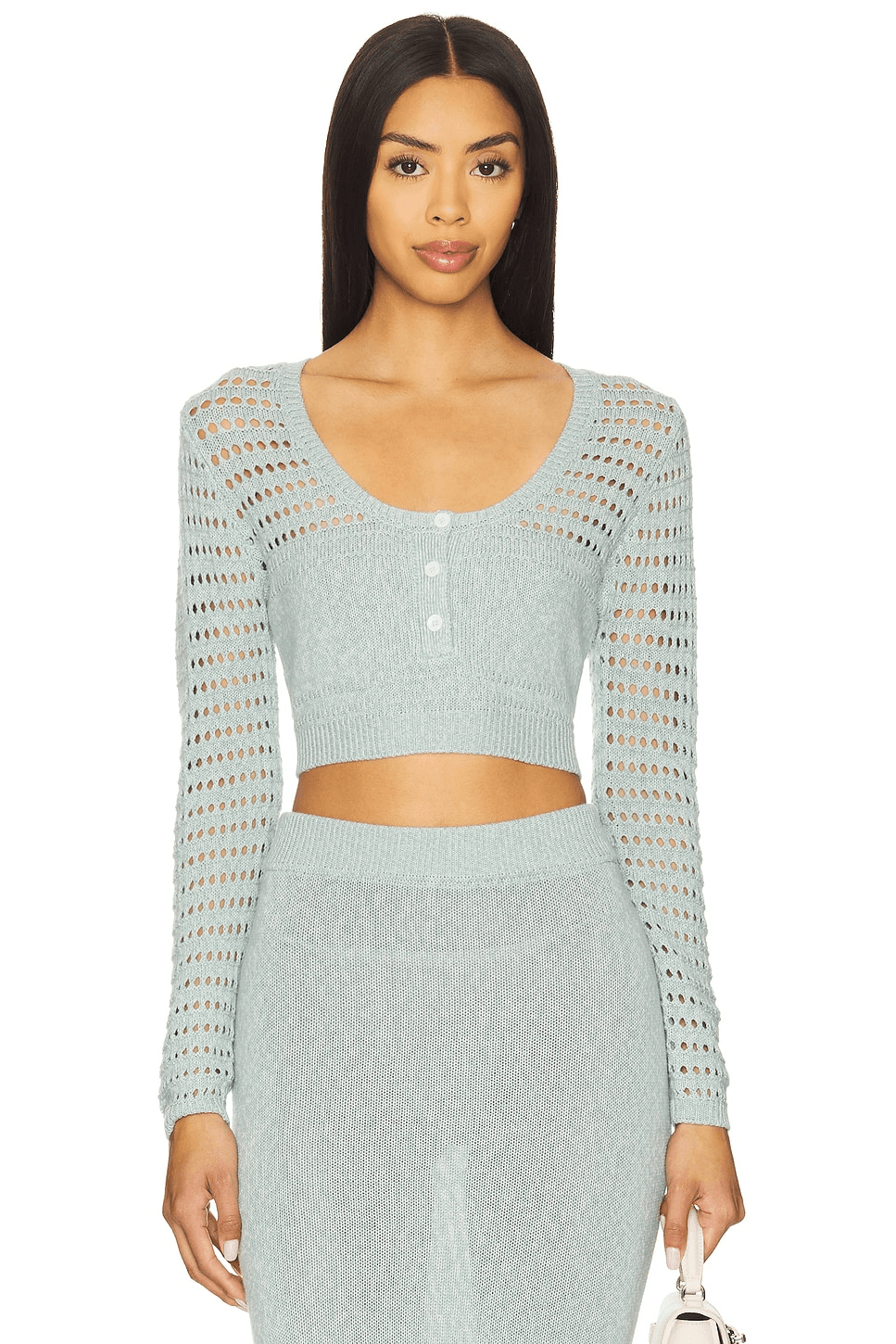 Striped Mesh Long Sleeve Cropped Henley - Image 1