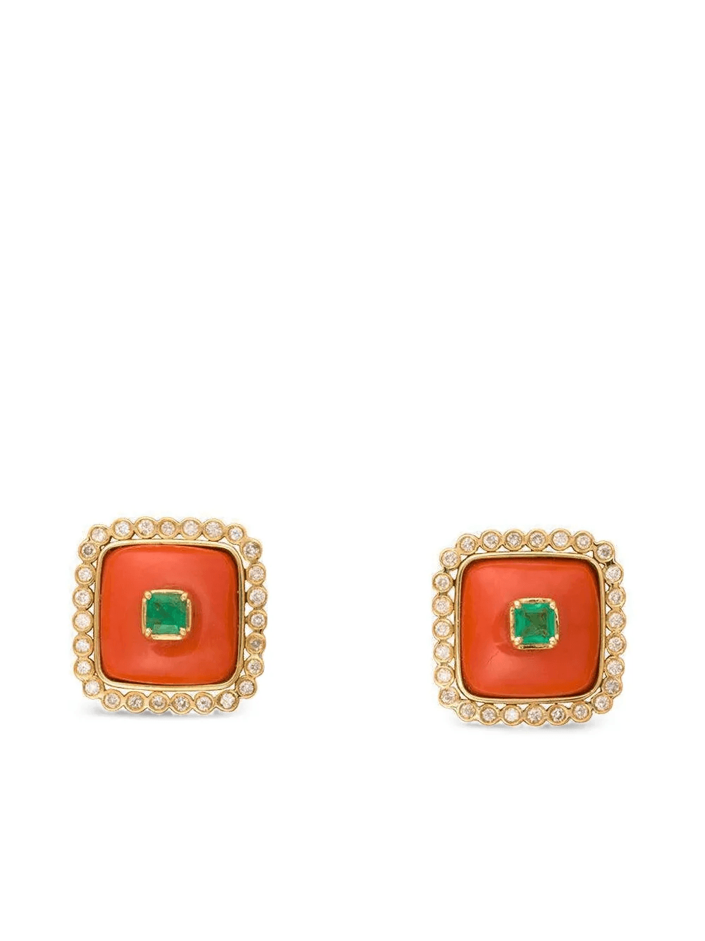18K yellow gold diamond Coral Emerald earrings - Image 1