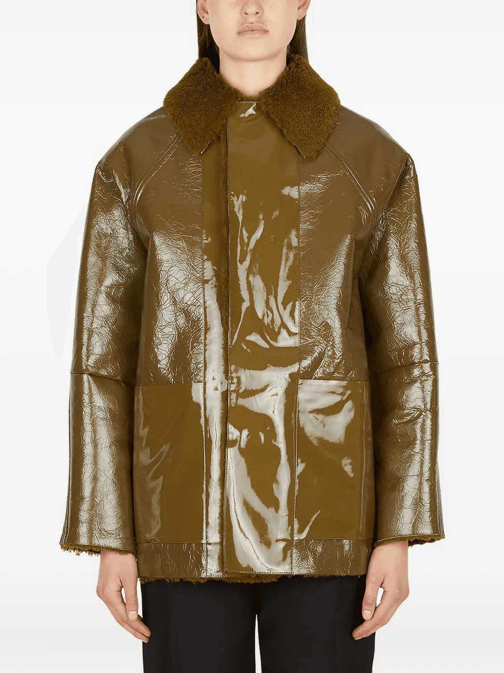 patent-leather shearling-collar jacket - Image 1