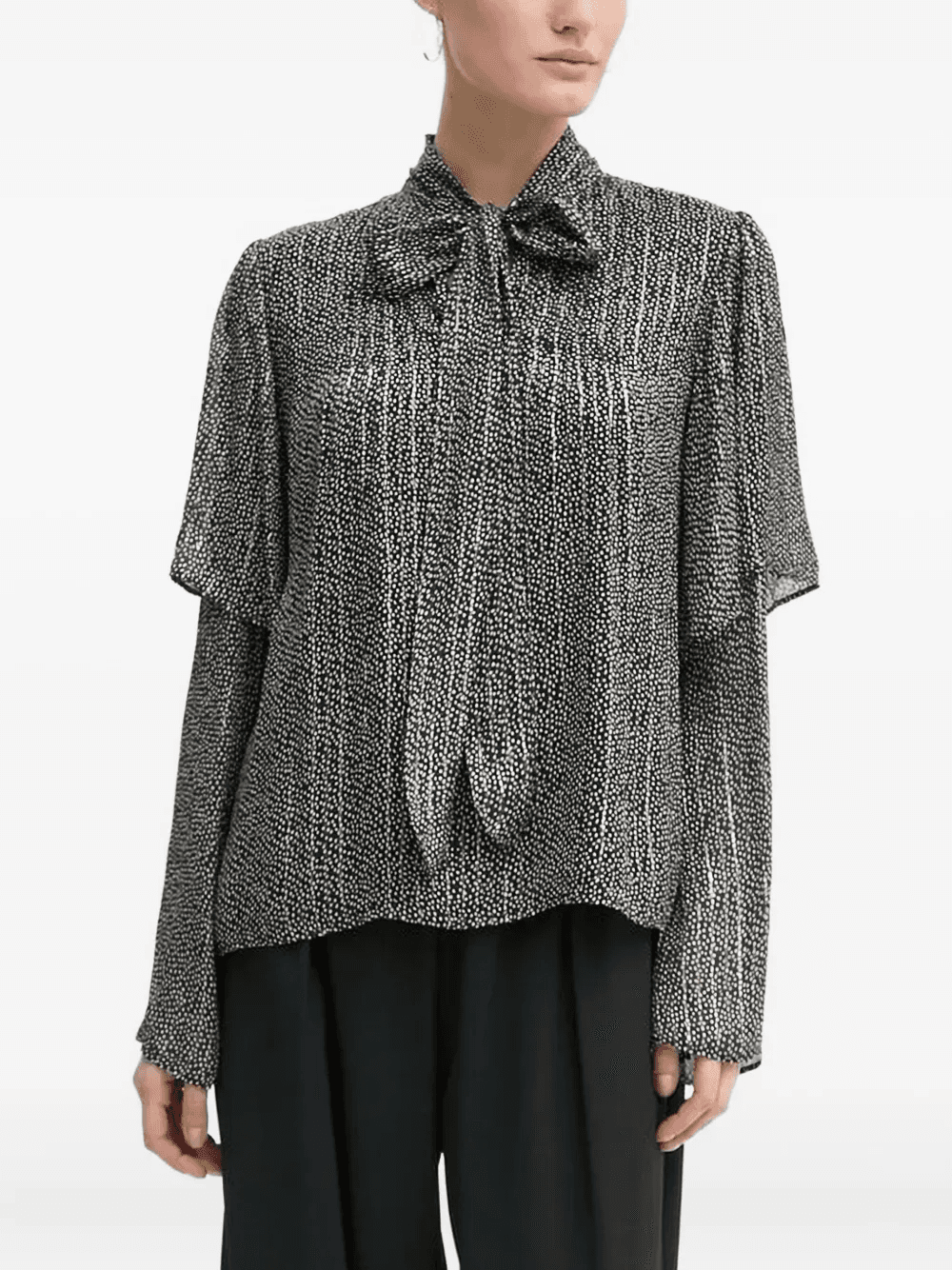 pleated-overlay neck tie blouse - Image 1