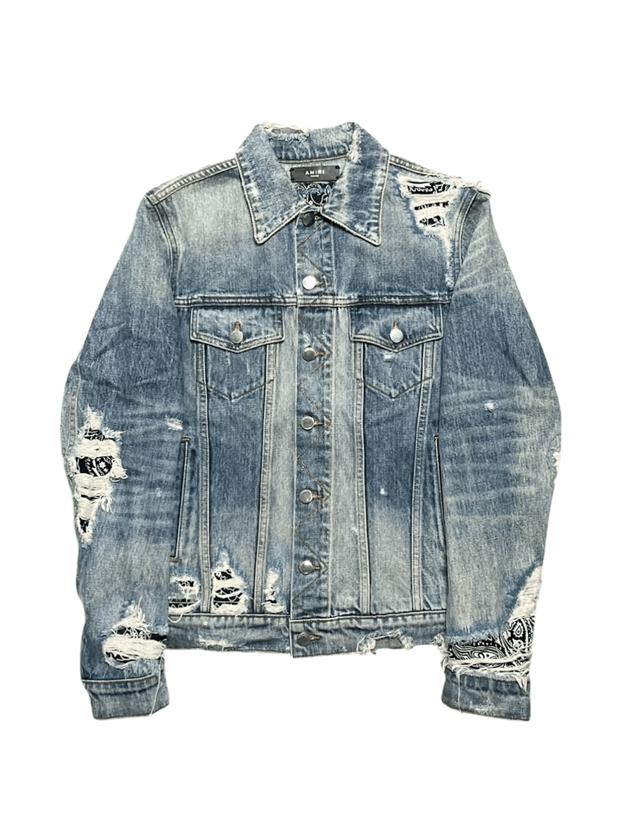 bandana-print distressed denim jacket - Image 1