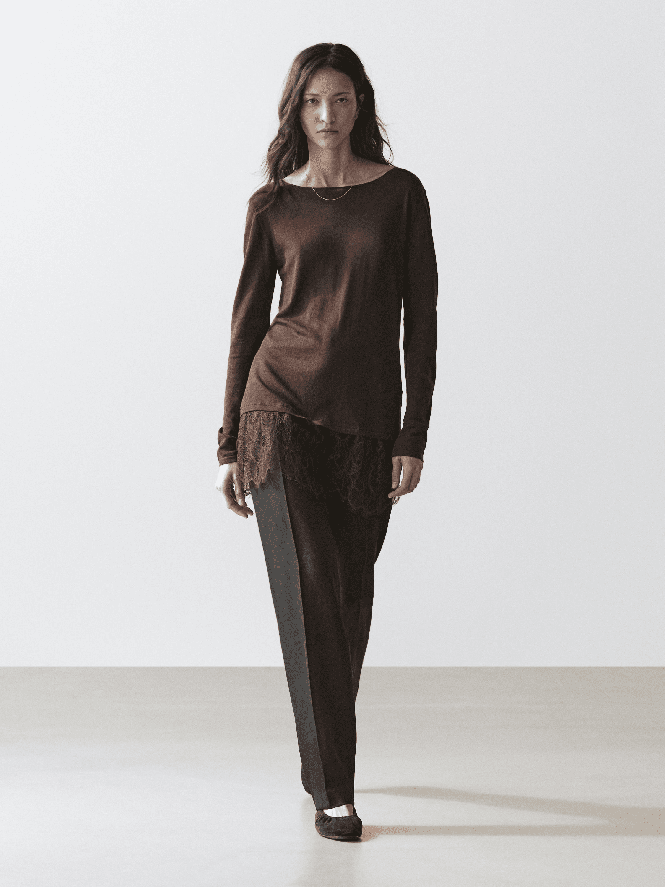 Long sleeve T-shirt with lace detail - Image 1