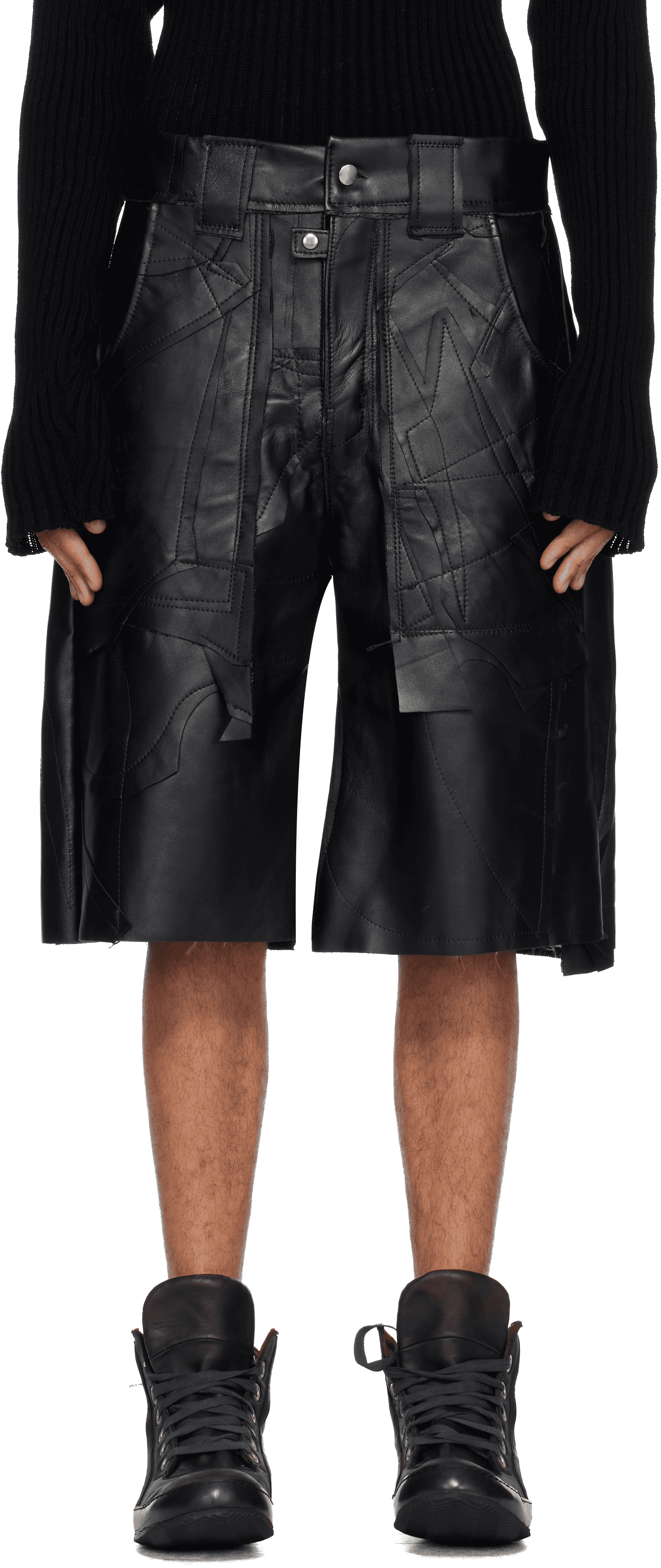 Black Patchwork Leather Beach Shorts - Image 1