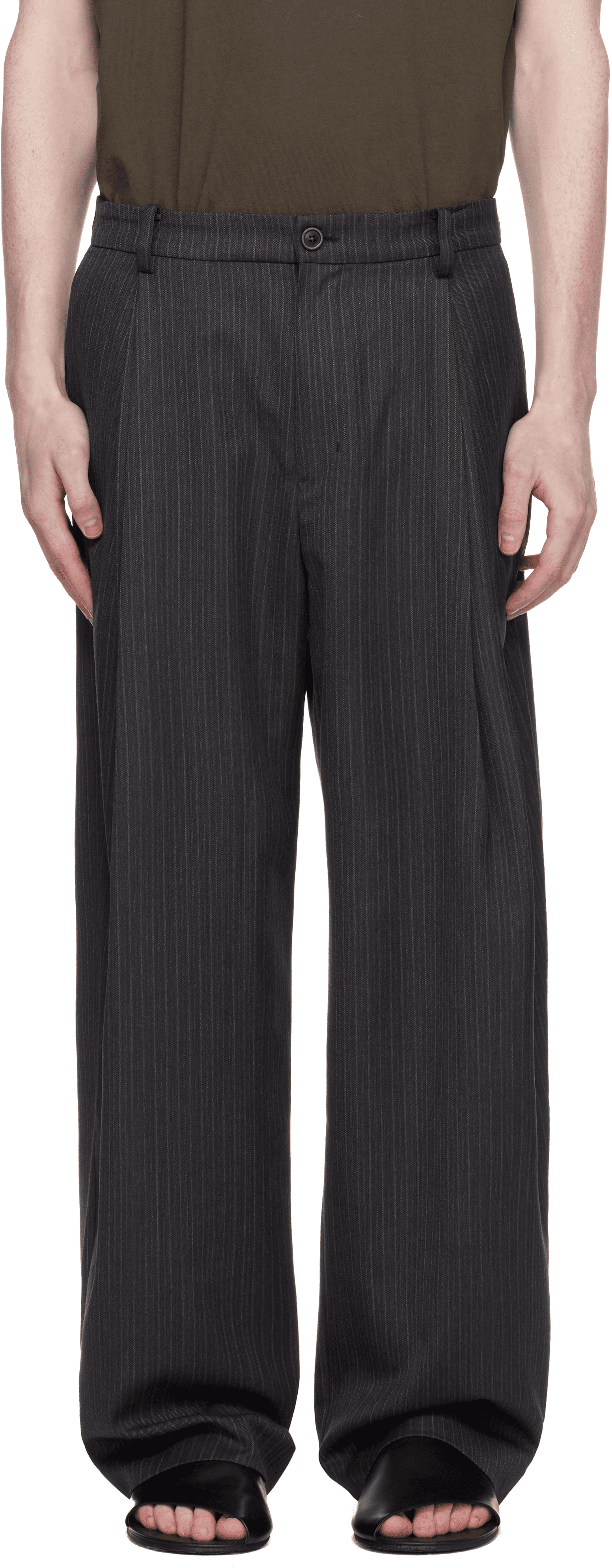 Gray Stripe Wool Blend Pleated Trousers - Image 1