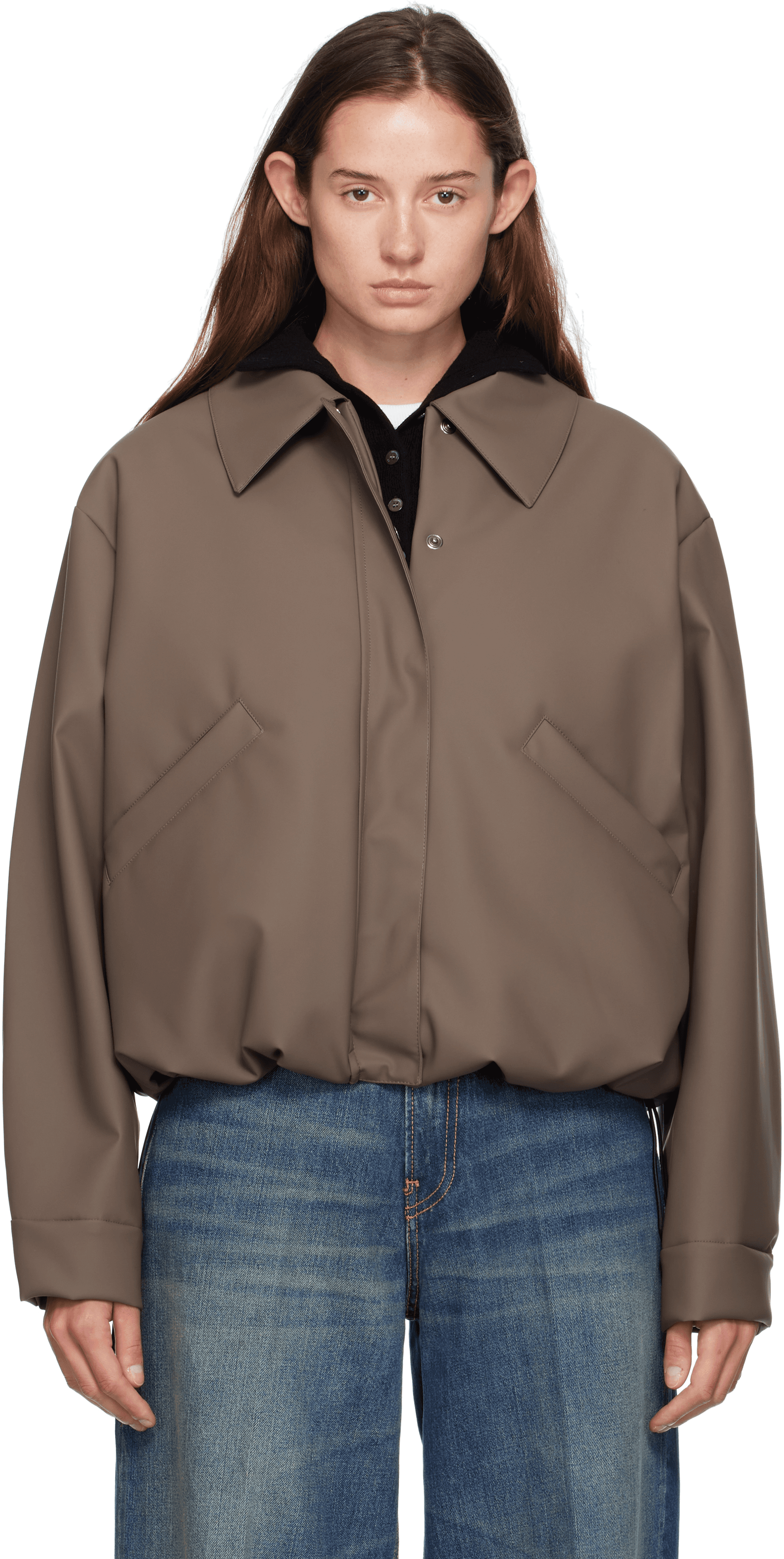 Taupe Short Rubber Bomber Jacket - Image 1