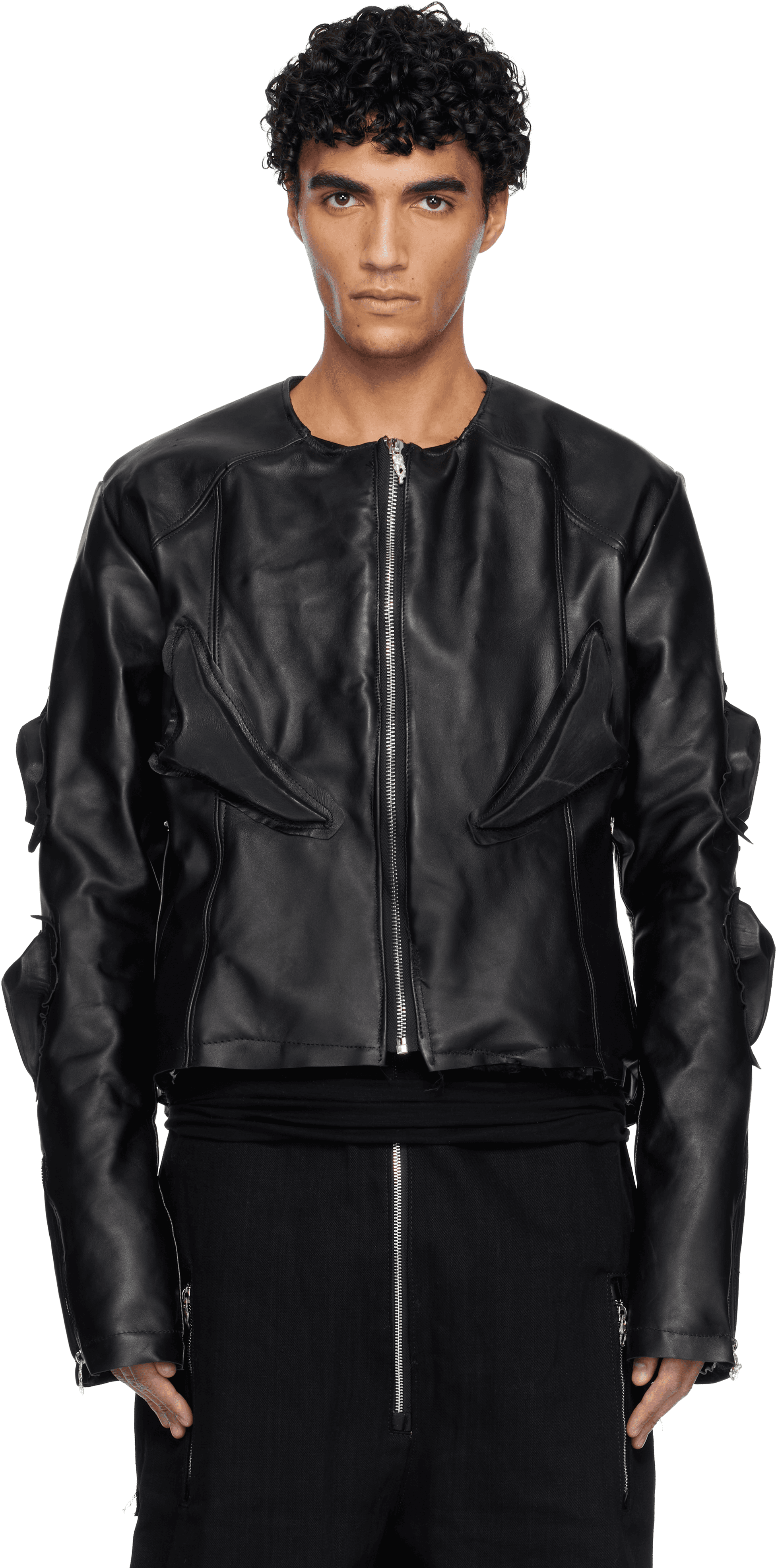 Black Padded Leather Biker Jacket - Image 1
