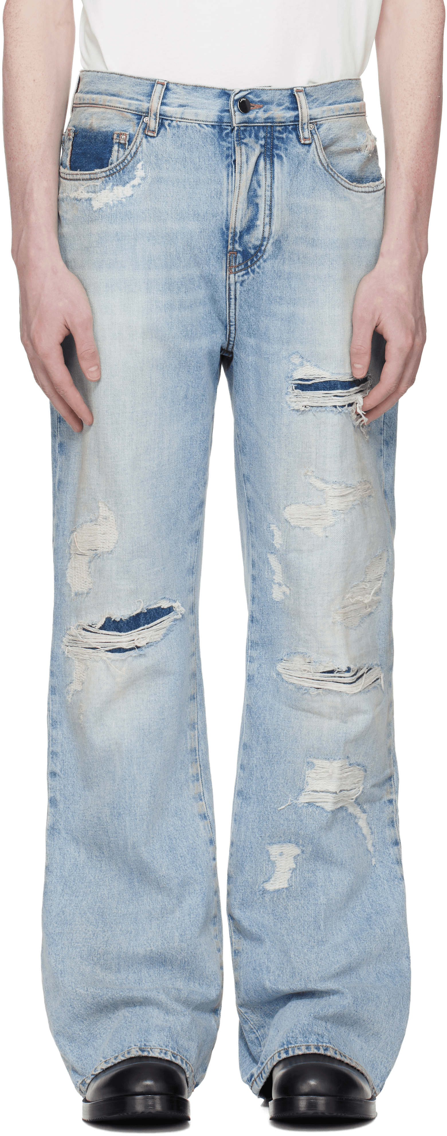 Blue Distressed Boot Cut Jeans - Image 1