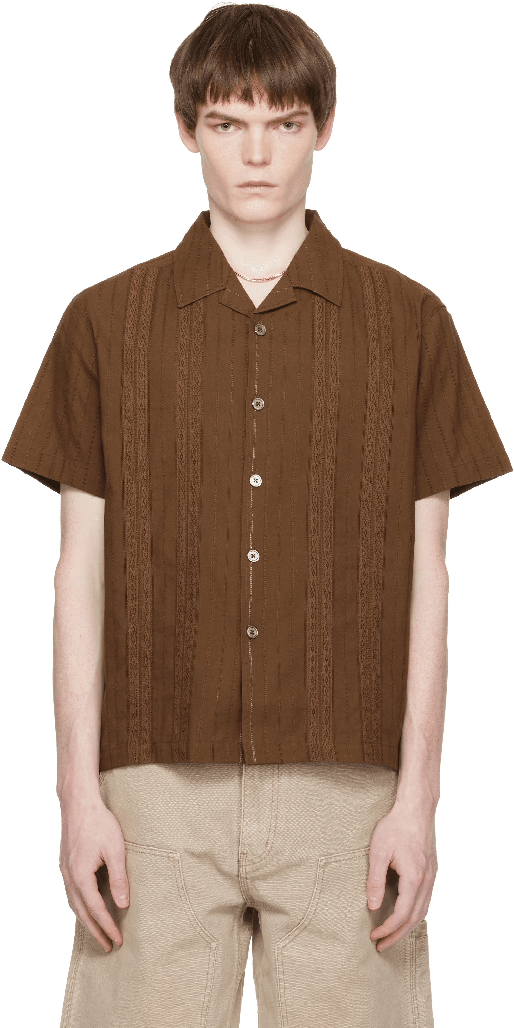 Brown Guayabera Tape Half Shirt - Image 1